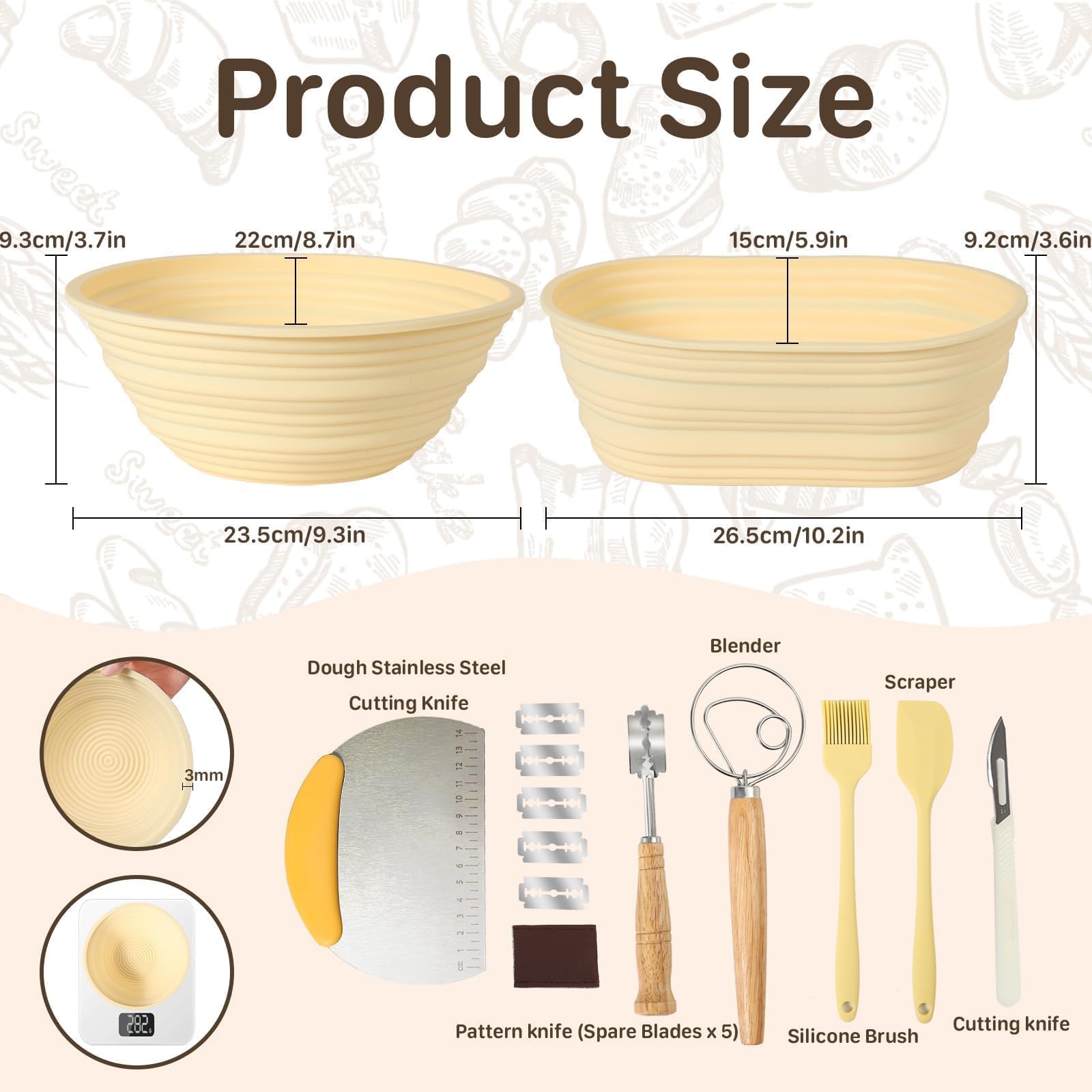 Zestaw Silikonowych Kosz Fermentacyjny, 23 cm Okrągły I 25 cm Kosz Fermentacyjny Owalny, SkłAdany Zestaw Do Przygotowania Zakwasu, Akcesoria Do Pieczenia Chleba.