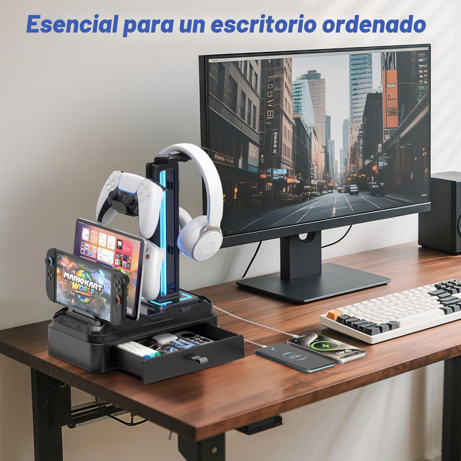 KDD Soporte Auriculares Gaming con Cargadores USB A Tip C, Soporte Cascos Gaming & Soporte Mandos PS5 Extraíble con Cajón para Móviles Tabletas para Escritorio Gamer Accesorios Gaming PC