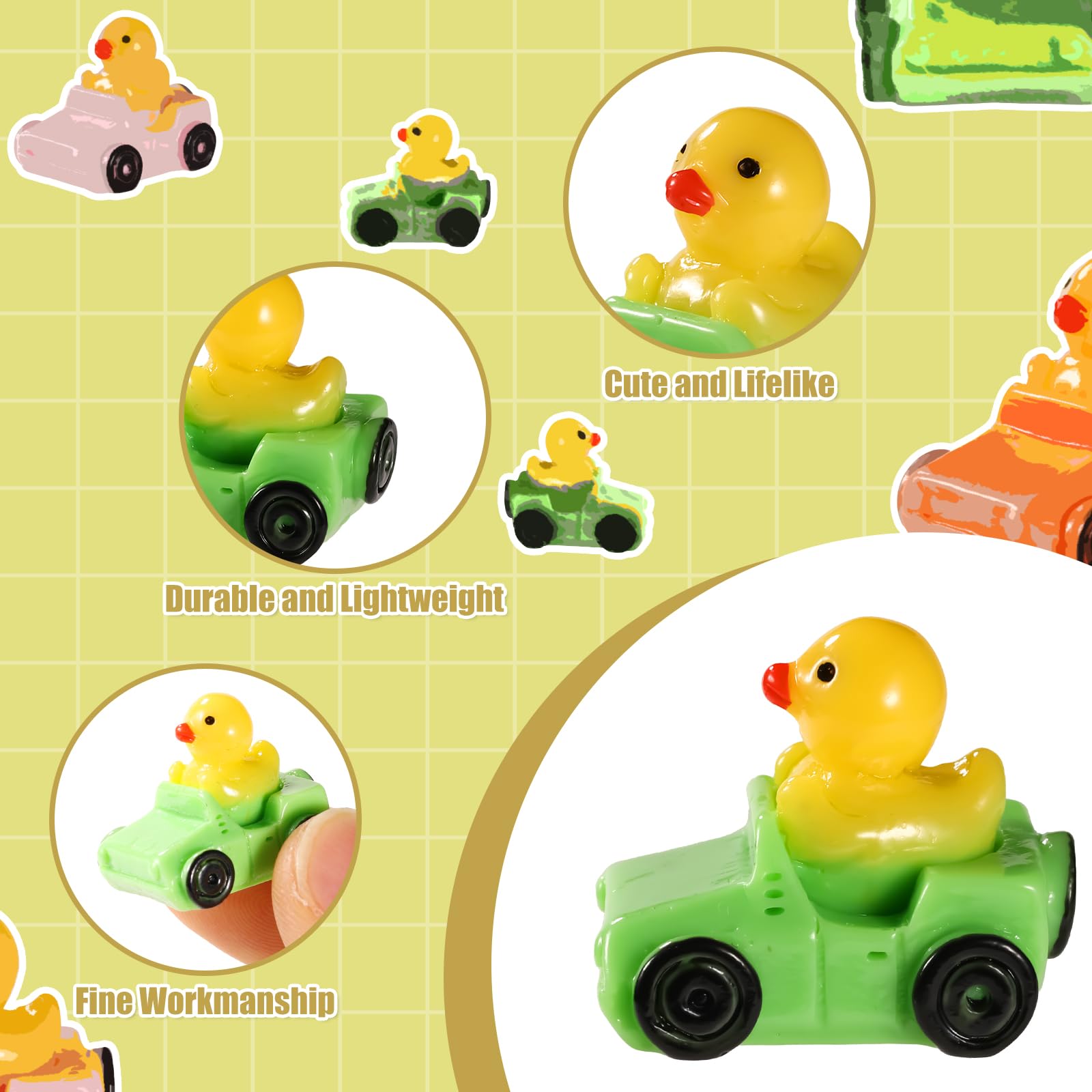 Tinoaly 36pcs Multicolor (Pink, Orange, Green) Resin Miniature Ducks in a Jeep Figurines, Small Animal-Themed Mini Car & Garden Decor (011) - Image 4