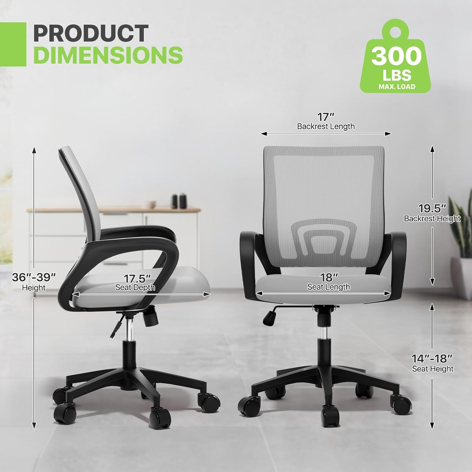 Magshion Ergonomic Office Desk Chair, Mid-Back Mesh Computer Chair, Swivel Chair with Breathable Backrest & Lumbar Support, Adjustable Height for Gaming, Work, Study, 300 Lbs Capacity, Light Gray - 3