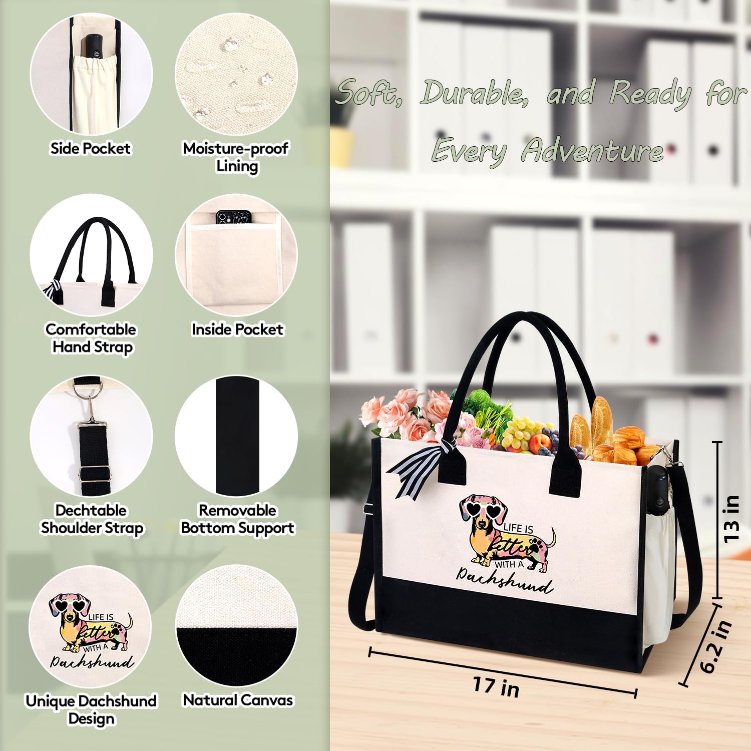Dachshund Gifts for Women, Weiner Dog Canvas Tote Bag with Zipper for Dachshund Lovers Travel, Shopping, Beach – Perfect Weenie Dog Gifts for Mother's Day, Christmas, Birthday