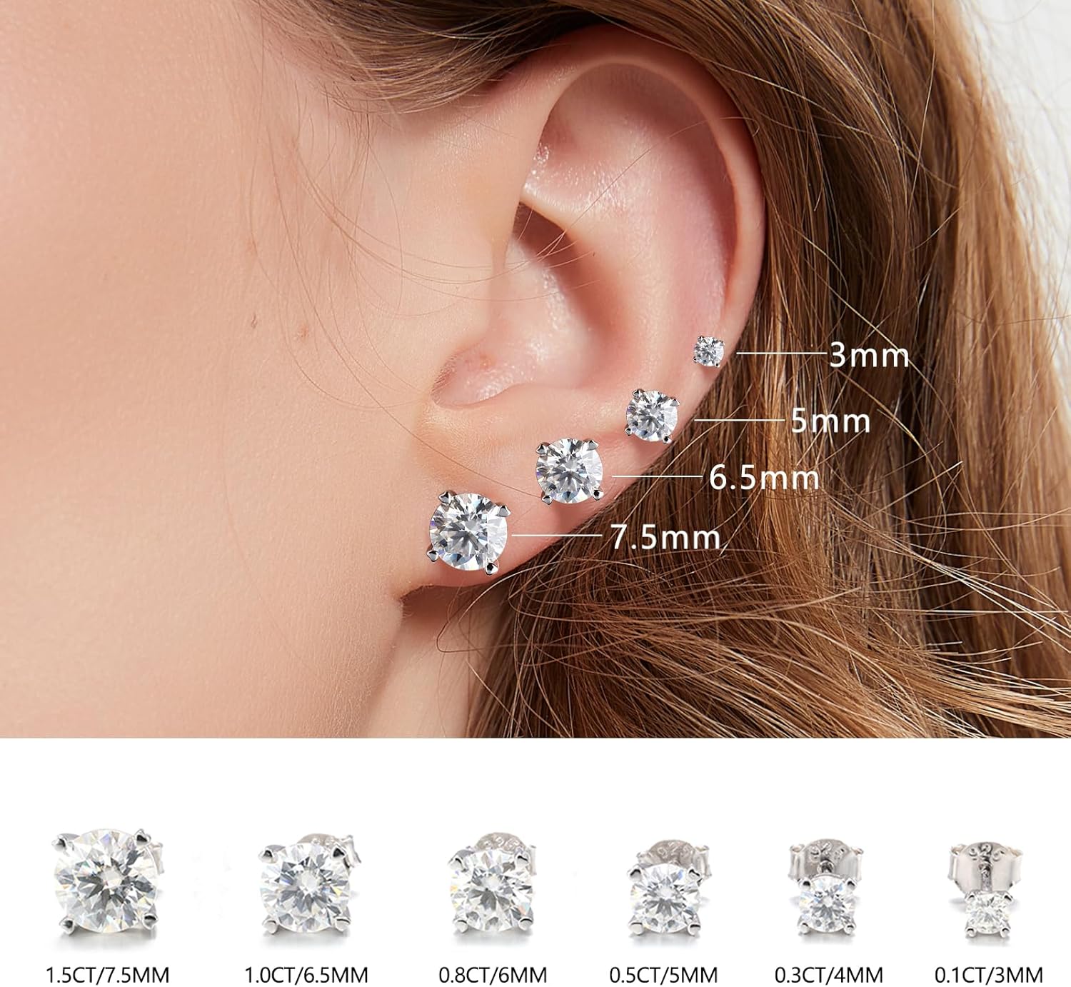 BREN Moissanite Stud Earrings, 0.2-3ct Round Lab Grown Imitation Diamond Earrings for Women & Men - 18K White Gold Plated 925 Sterling Silver