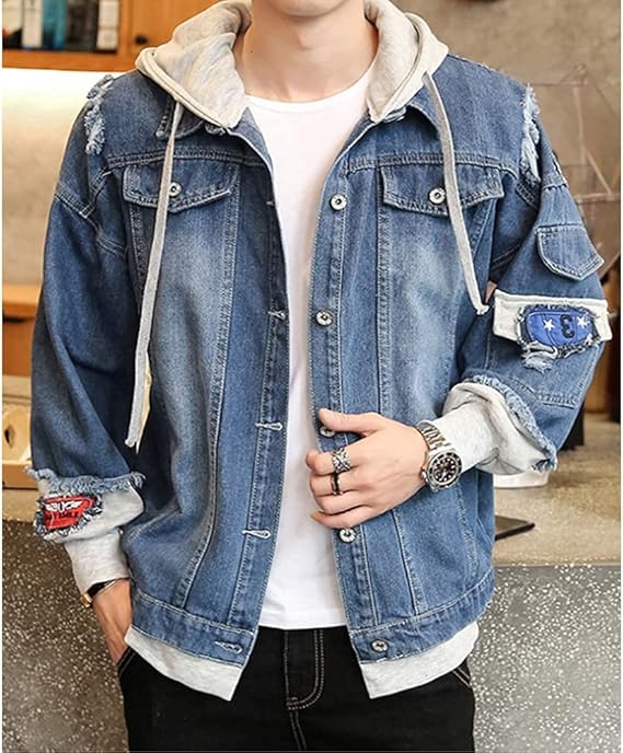 Amazon メンズ パーカー デニム ジャケット フード 付き アウター ヒップホップ ストリート コート 原宿風 春秋服 大きいサイズ カジュアル コート ジャケット 通販