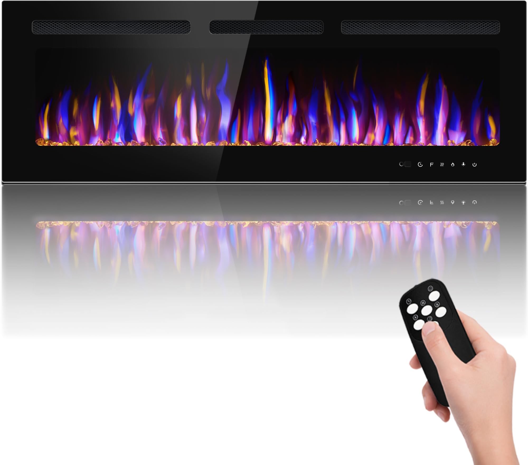 50" Electric Fireplace Wall Mounted and Recessed with Remote Control, 750/1500W Ultra-Thin Wall Fireplace Heater W/Timer Adjustable Flame Color and Brightness, Log Set & Crystal Options