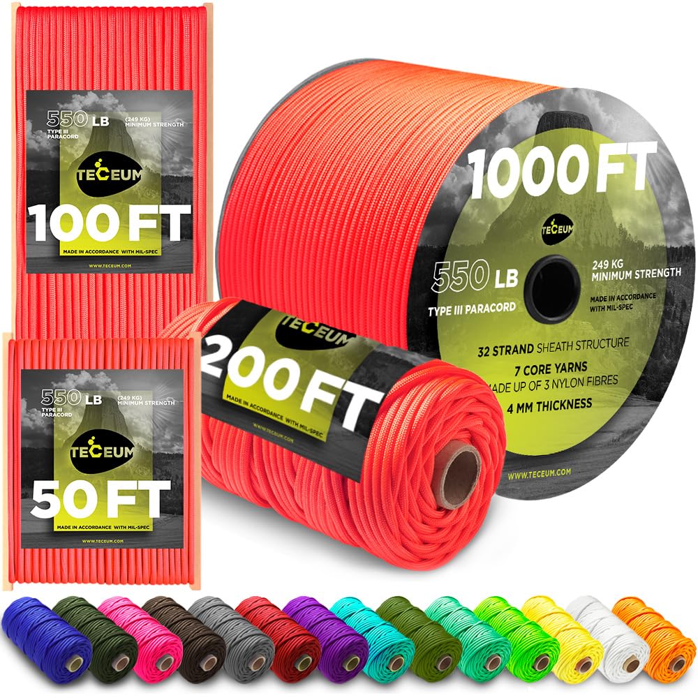 TECEUM Paracord Type III 550 Soffit Orange – 30 m – 4mm – Tactical Rope MIL-SPEC – Outdoor Para Cord – Camping Hiking Fishing Gear and Equipment – Parachute Cord – Strong Survival Rope (100ft) 345 — image 1