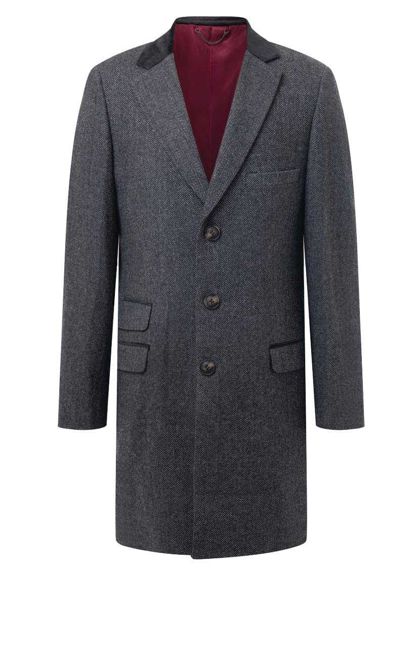 Dobell Mens Grey Tweed Overcoat Regular Fit Herringbone Velvet Trims-2XL