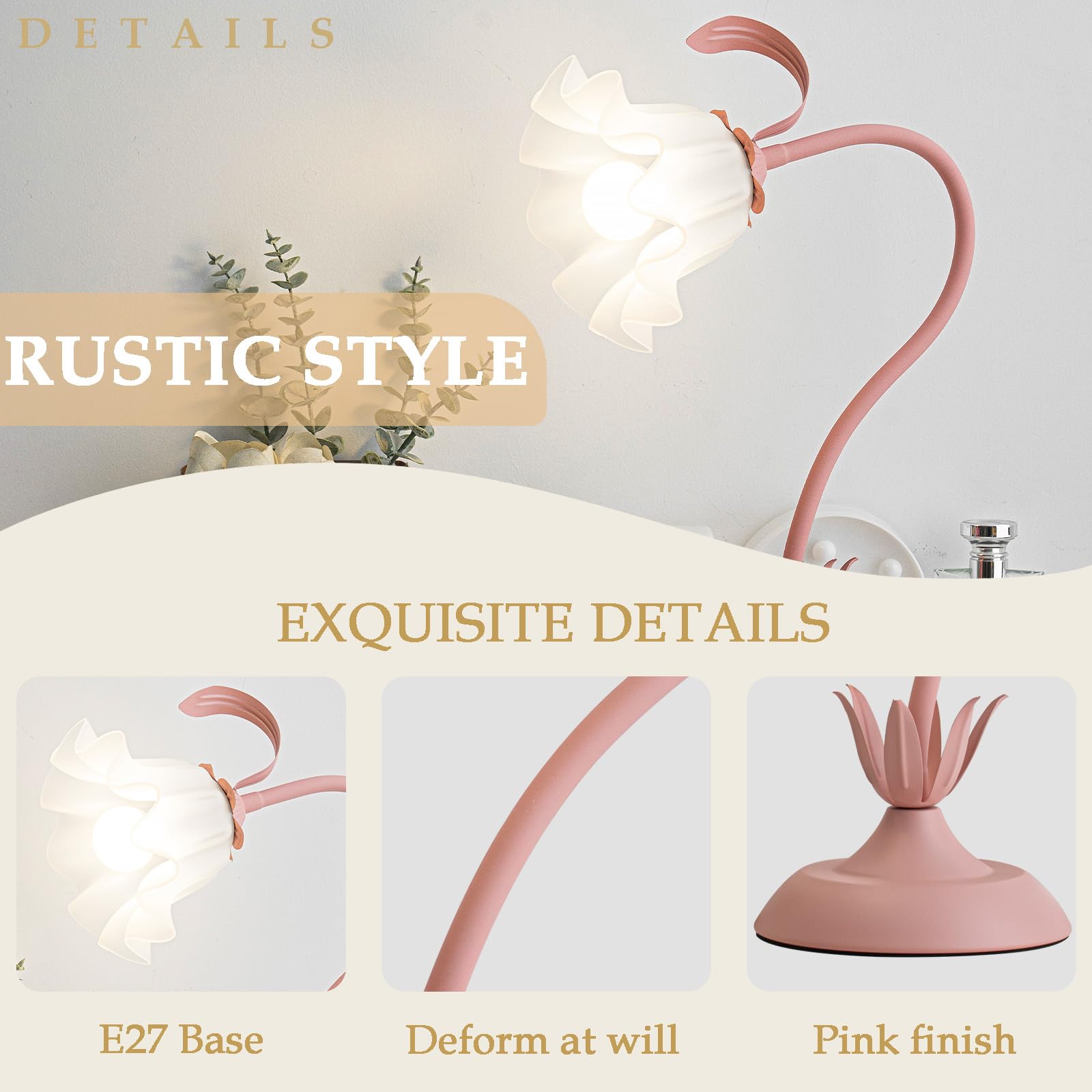 Witte bedlamp, acryl bloemen tafellamp, metalen bureaulamp voor meisjes, acryl lampenkap, vrij draaibare bedlamp met driekleurige verlichting voor slaapkamer, woonkamer, 50 cm