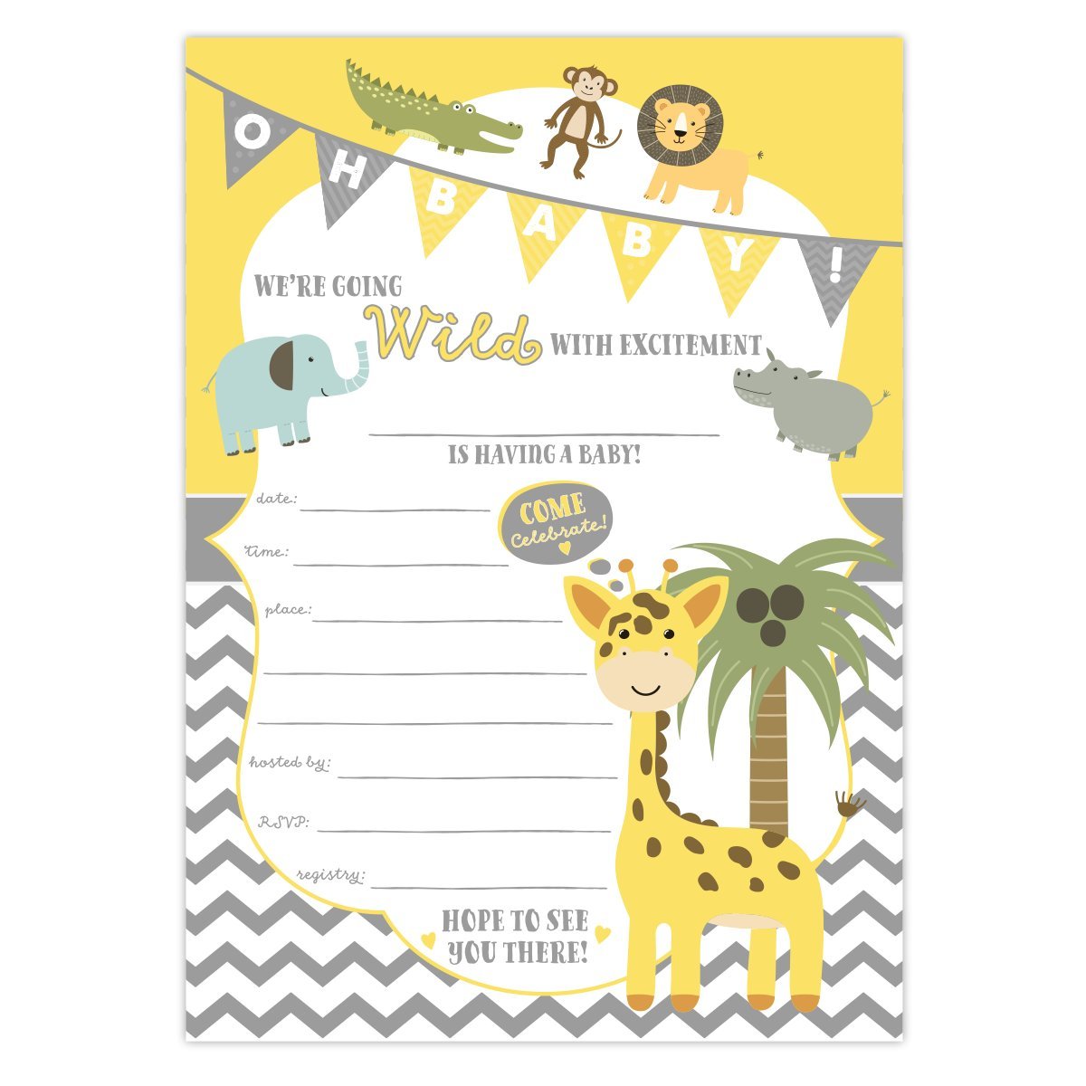 Lot de 25 cartes d'invitation pour fête prénatale Thème animaux de safari Jungle et enveloppes à remplir Unisexe pour garçons ou filles Imprimé sur du papier cartonné lourd 63,5 kg