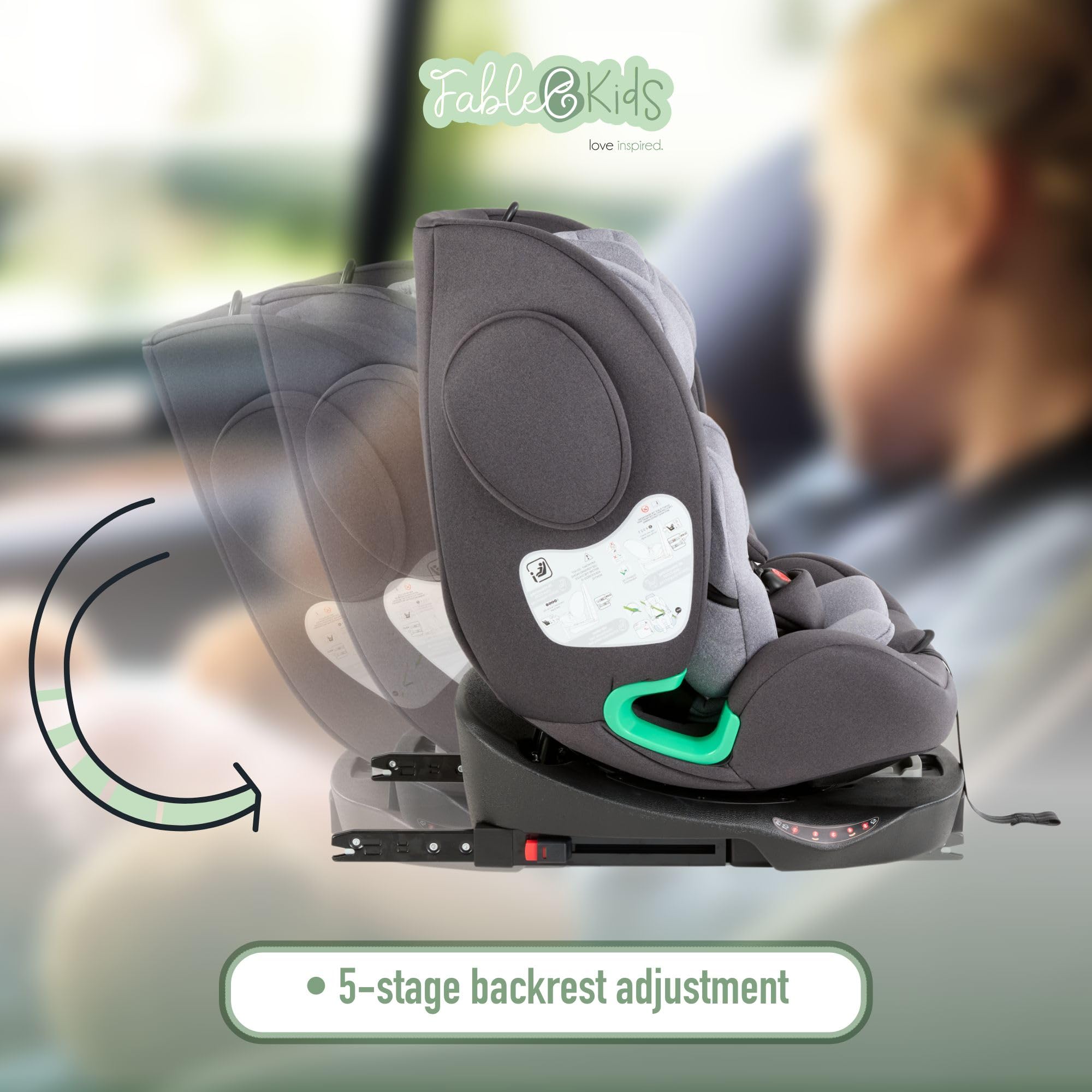 FableKids NORA fotelik dziecięcy szary, obracany o 360° fotelik samochodowy i-Size w rozmiarze 40-150 cm, reboarder z ISOFIX i nogą podpierającą, zagłówek i oparcie z regulacją wysokości, certyfikat