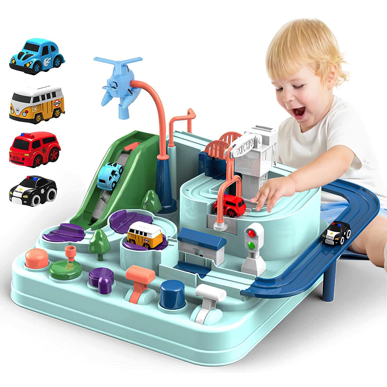 TODARRUN Car Adventure Toy, City Rescue Preschool Educational Toy Vehicle Parent-Child Interactive Racing Kids Toy, Toddler Car Toys for 3 4 5 6 7 8 Year Old Car Track Gifts for Kids