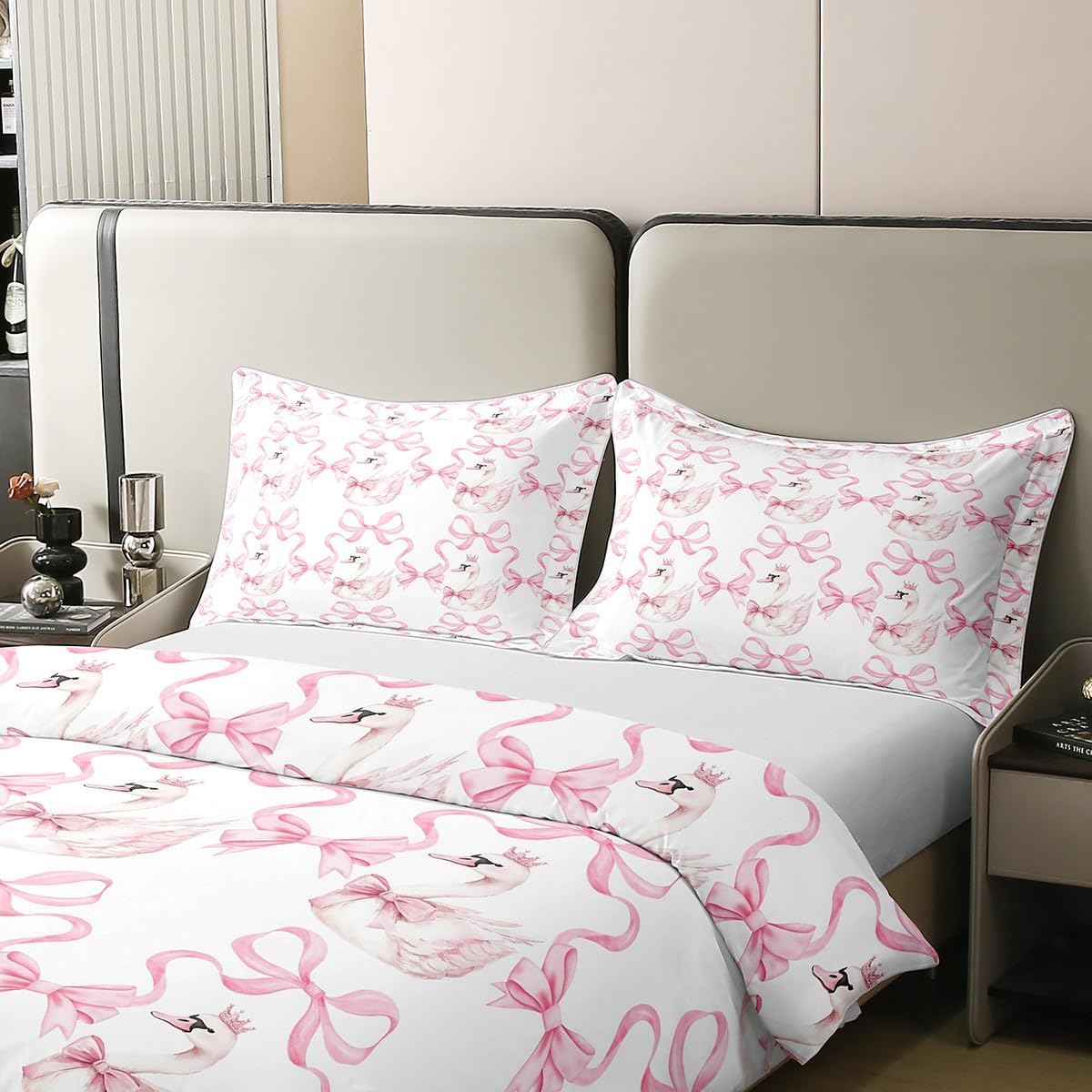 Manfei White Swan Cotton Duvet Cover Twin Size,Princess Crown Pink Bowknot Dreamy Bedding Set with 1 Pillow Sham,Watercolor Bow-tie Ribbon Stripes Pink White Comforter Cover(No Filler),2 Pcs