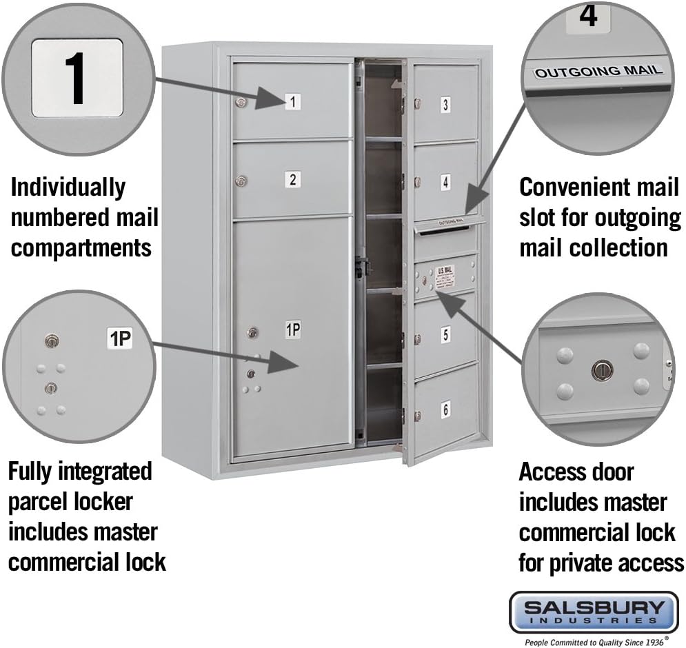 Salsbury Industries 3810D-06AFP 4C Surface Mounted Horizontal Mailbox, Front Loading, Double Column, 6 MB2 Doors, 1 PL6, Private Access, Aluminum