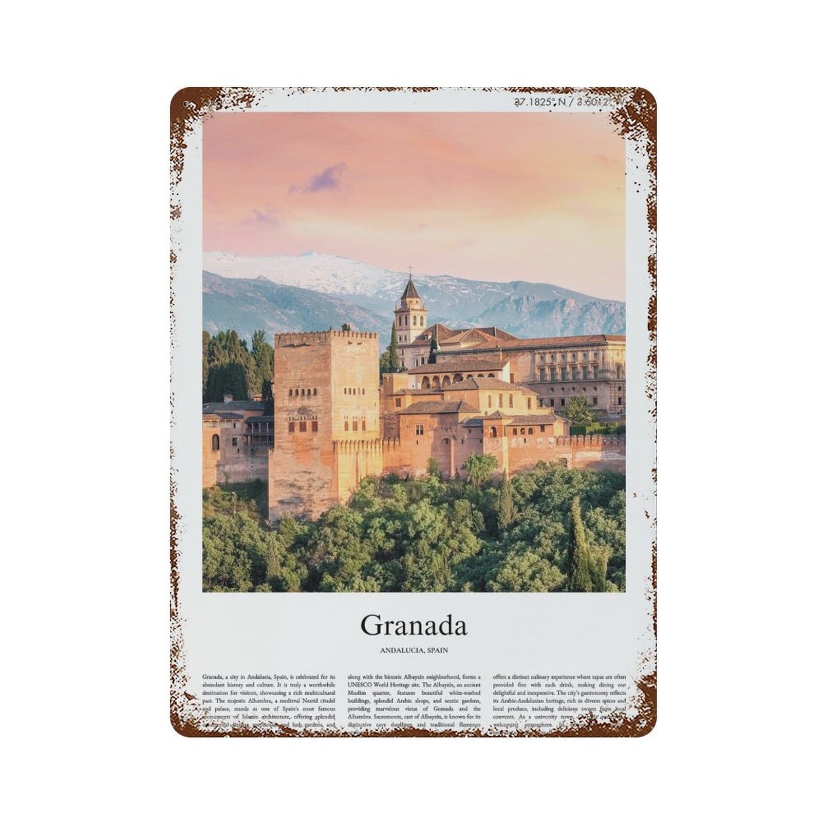 xiaoxiaoshen Granada Andalucia, Spain City Scenery Wall Decor Art Metal Tin Poster Modern Home Decor Art Home Bar Shop Decorations Vintage Sign 40x30cm