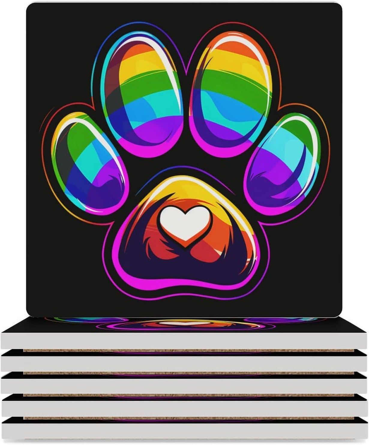 Rainbow Dog Paw LGBT Coaster for Drinks Square Ceramic Table Coasters Stone Mat Crafts 6PCS Home Kitchen Decor
