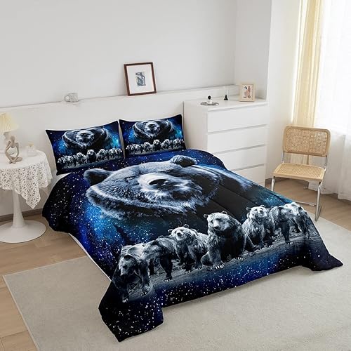 Miniatura 2 de Feelyou Juego de edredón de oso azul, juego de ropa de cama de osos de animales, juego de edredón acolchado con estampado de arboleda de galaxia,