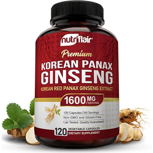 NutriFlair Korean Red Panax Ginseng 1600mg – 120 Vegan Capsules | 5% Ginsenosides | Non-GMO, Gluten-Free | Natural Energy & Focus Support | Made in USA