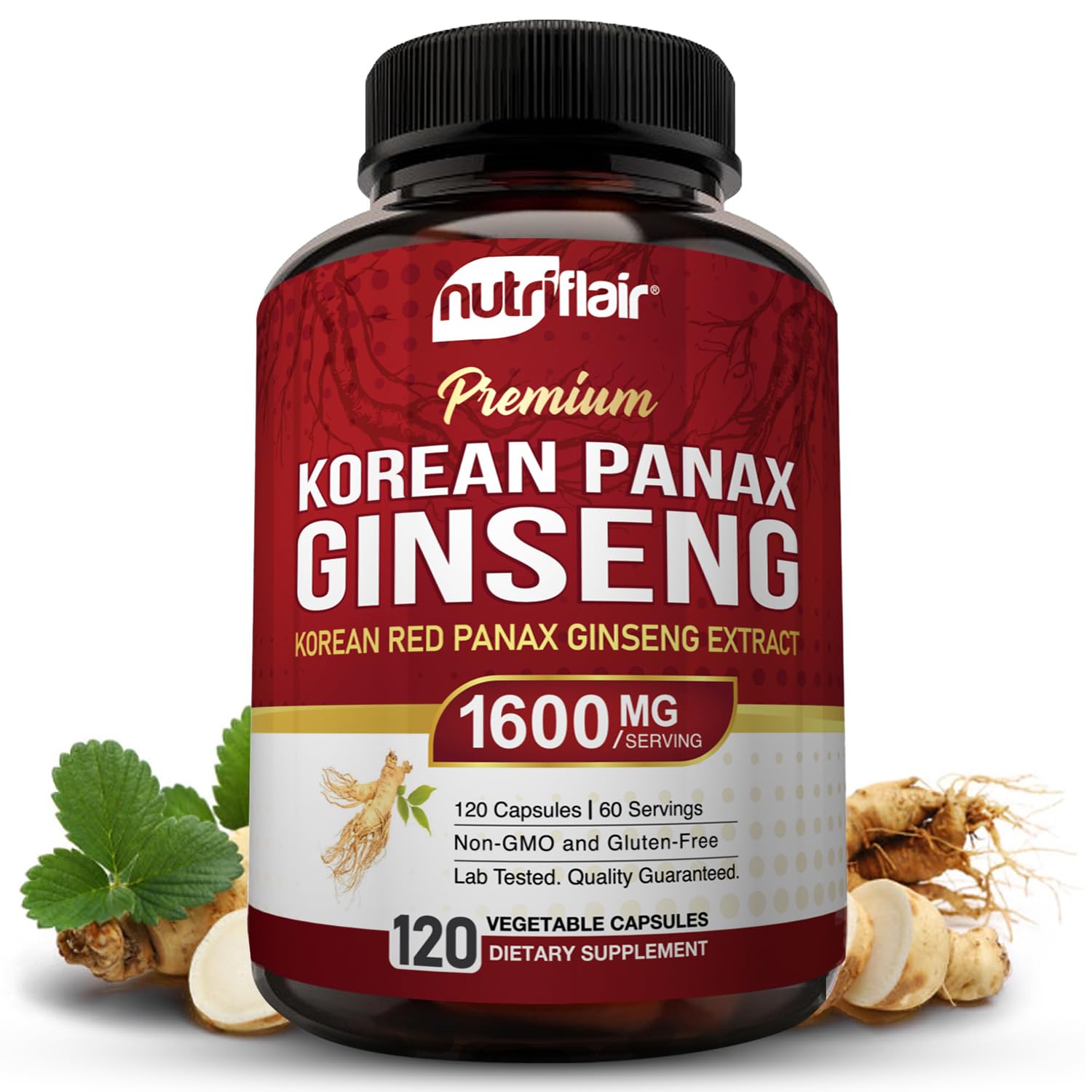 NutriFlair Korean Red Panax Ginseng 1600mg – 120 Vegan Capsules | 5% Ginsenosides | Non-GMO, Gluten-Free | Natural Energy & Focus Support | Made in USA