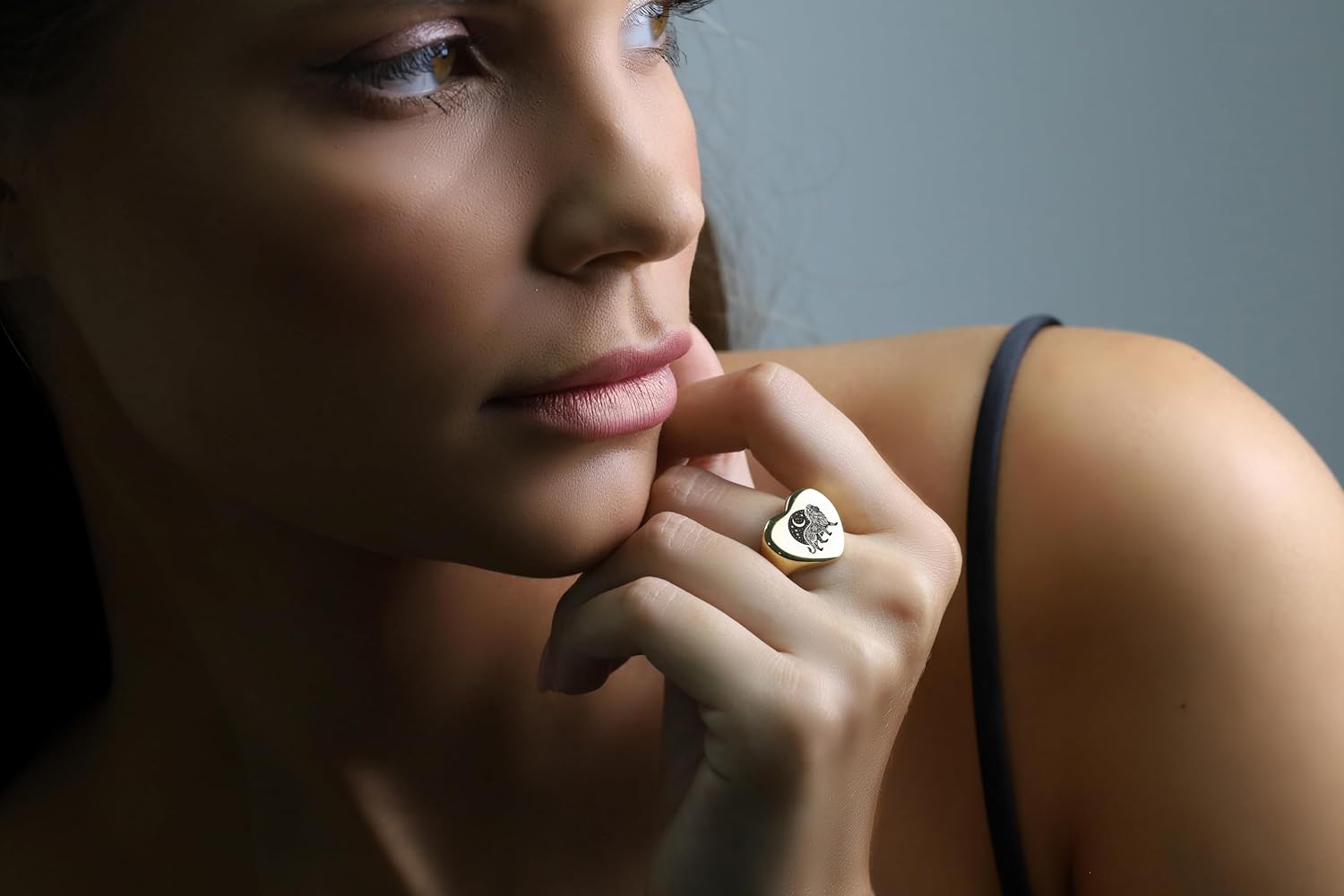 Gold Lion Embossed Ring - Personalized Bold Statement Ring - Heart Shaped Jewelry Gift For Her