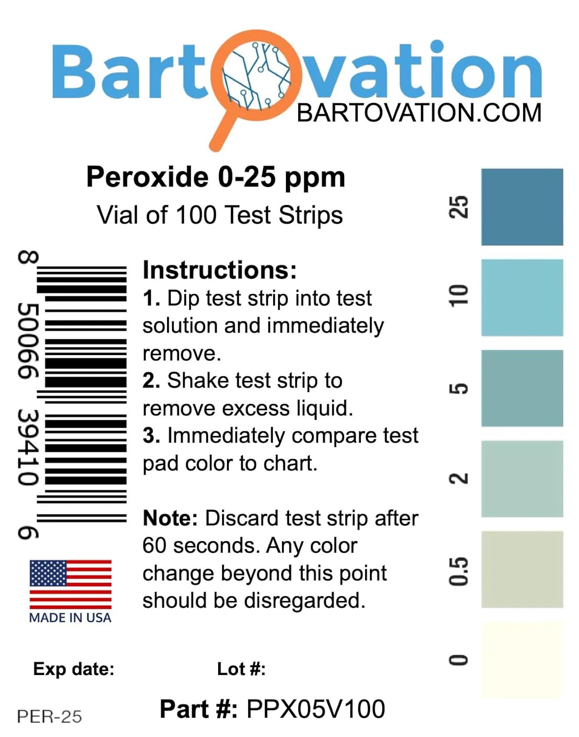 Hydrogen Peroxide H2O2 Test Strips, Low Level, 0-25 ppm [Vial of 100 Strips]