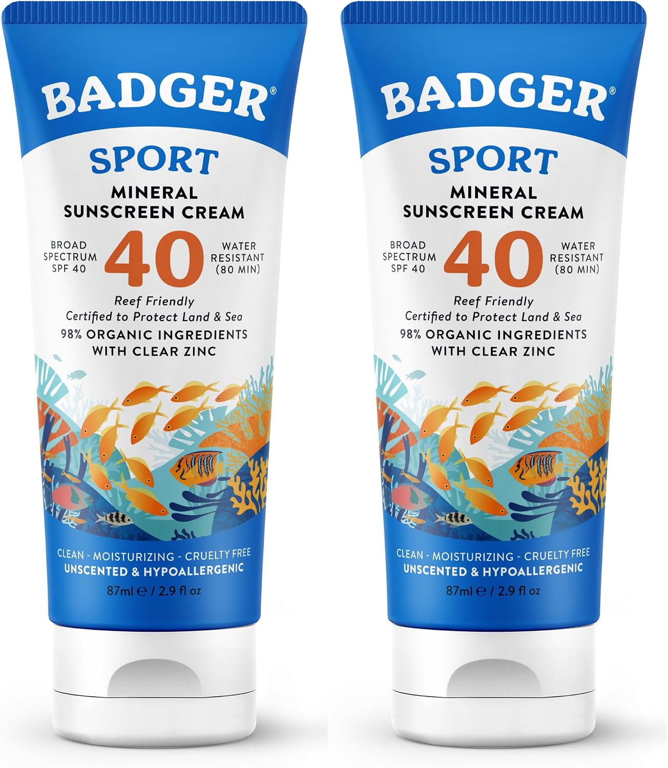 Sport Mineral Sunscreen SPF 40, Zinc Oxide, 2.9 fl oz (2-Pack) | 98% Organic, Zinc Oxide, Water Resistant, Hawaii Reef Act Compliant, Unscented, Sport sunscreen, Hypoallergenic sunblock