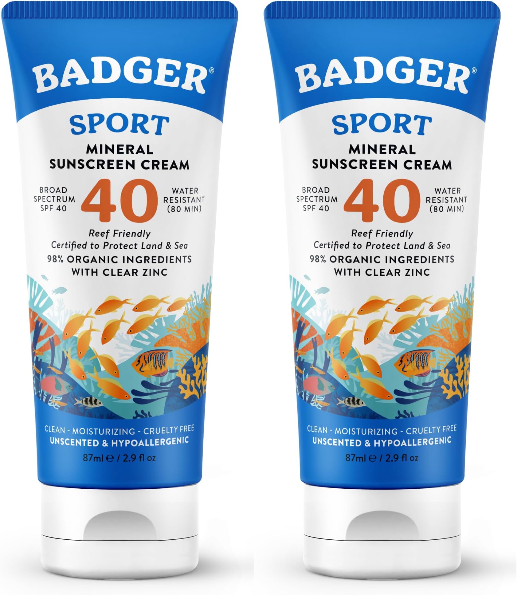 Badger Reef Safe Sunscreen, SPF 40 Sport Mineral Sunscreen, 98% Organic Sunscreen Ingredients, Broad Spectrum, Water Resistant, Zinc Oxide Sunscreen, Unscented, 2.9 fl oz (2 Pack)
