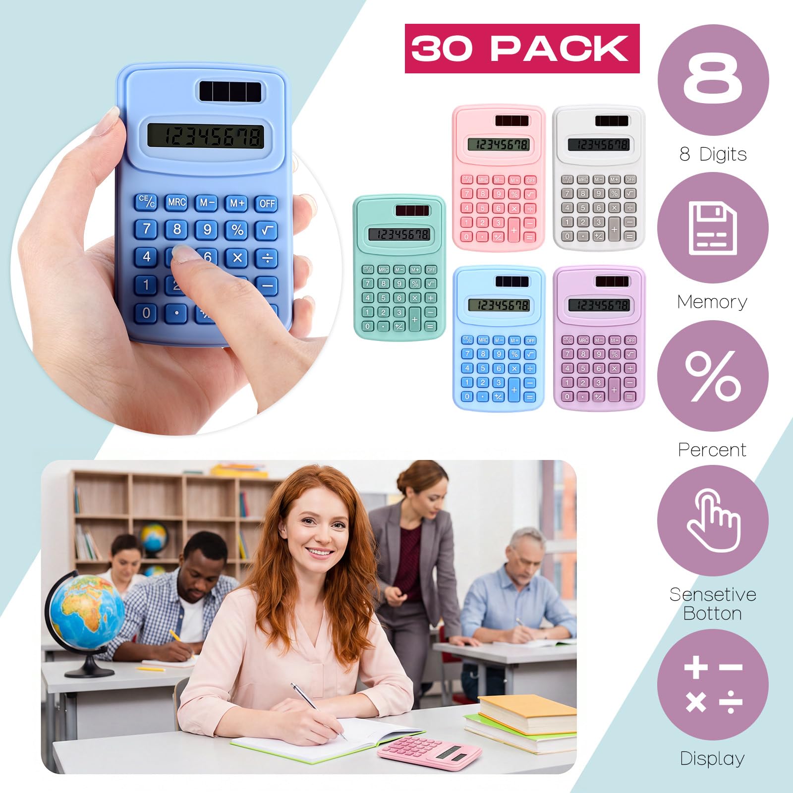 Chumia Lot de 50 petites calculatrices de poche basiques à 4 fonctions alimentées par piles pour enfants, étudiants, bureau, école primaire, maison et bureau (macarons)