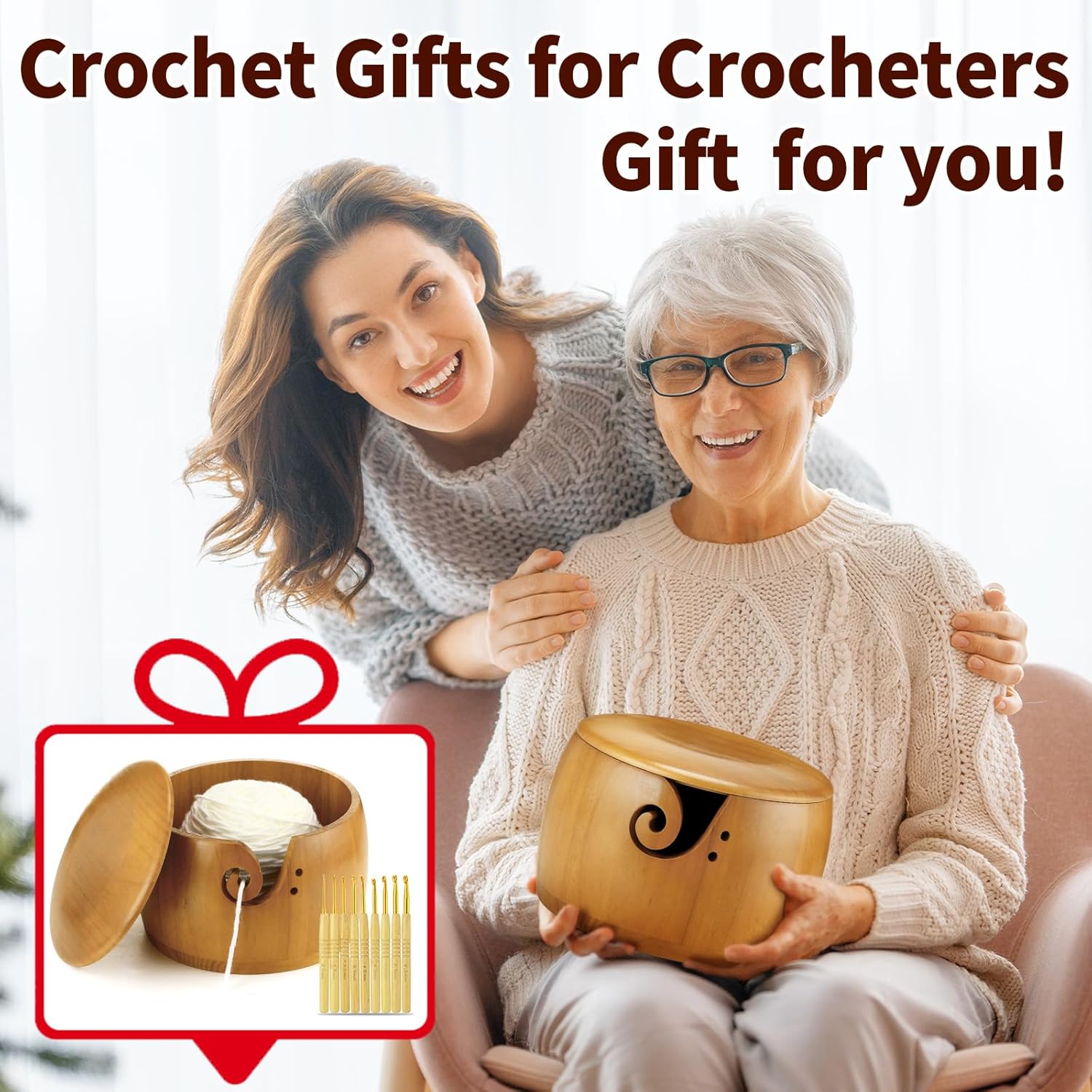 Giegxin Large Wooden Yarn Bowl with Lid 9"x9"x6" Yarn Holder for Knitting Craft Pine Wool Storage with 9 Pcs Crochet Hooks Handmade Crochet Kit Organizer Accessories for String (Light Brown, Classic)