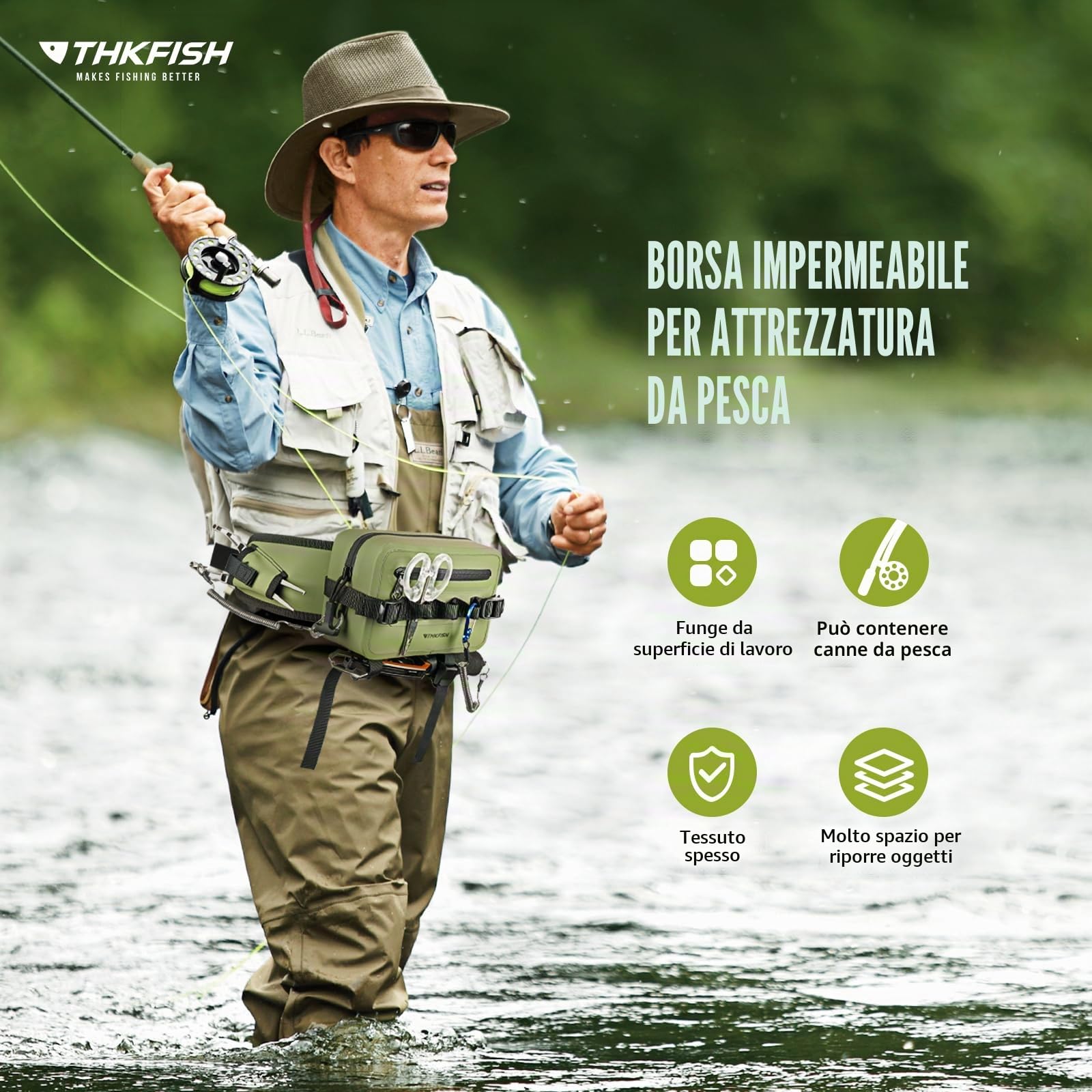 THKFISH Marsupio impermeabile per attrezzatura da pesca, con chiusura ermetica con cerniera, IPX8, impermeabile, con cinghia regolabile, per pesca a mosca, kayak