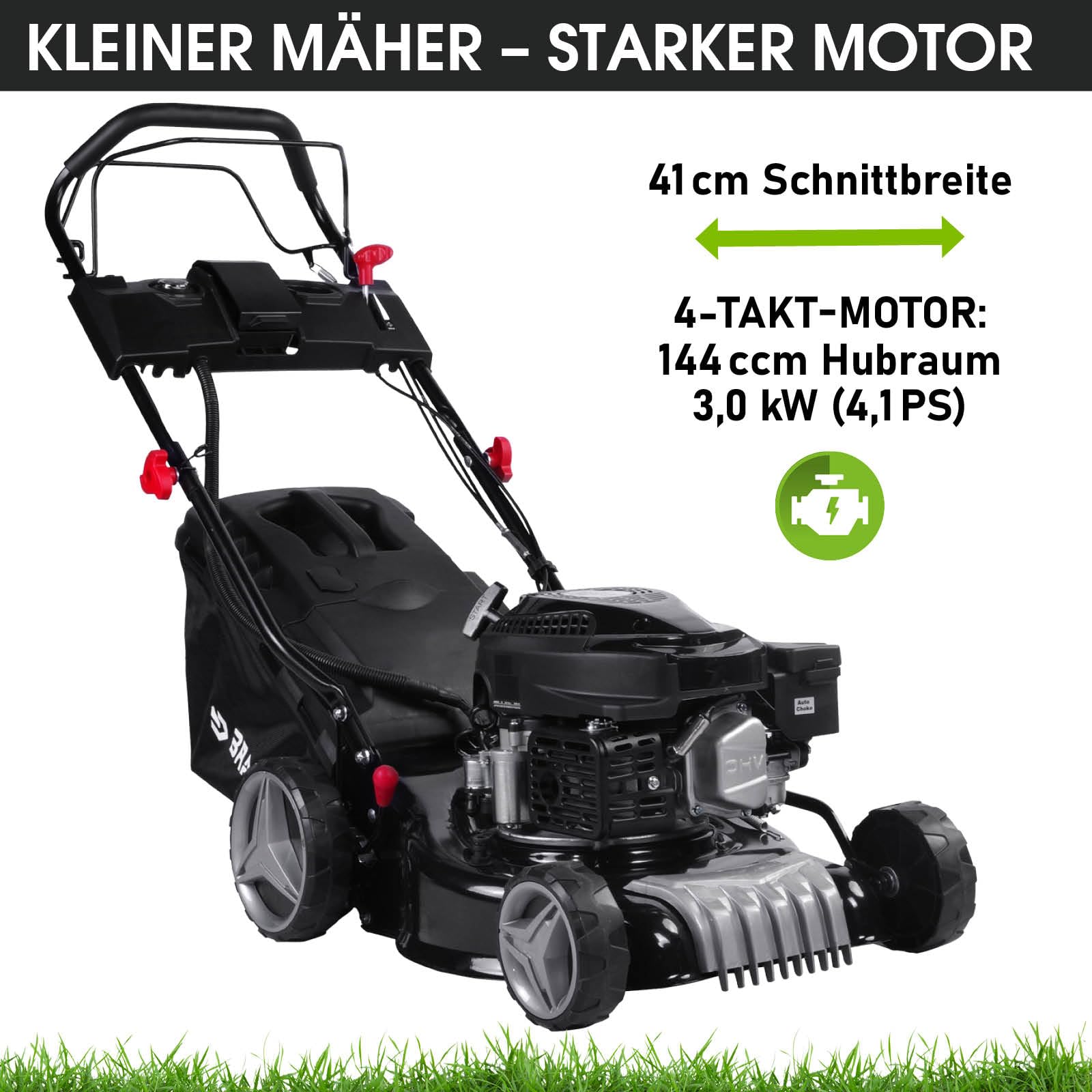BRAST Benzin Rasenmäher mit Antrieb | 3,0kW (4,1PS) | Elektrostart | 41cm Schnittbreite | TÜV | 4 Takt OHV Motor | 25-75mm Schnitthöhe | 40L Fangkorb | Stahlgehäuse | 16145 Estart