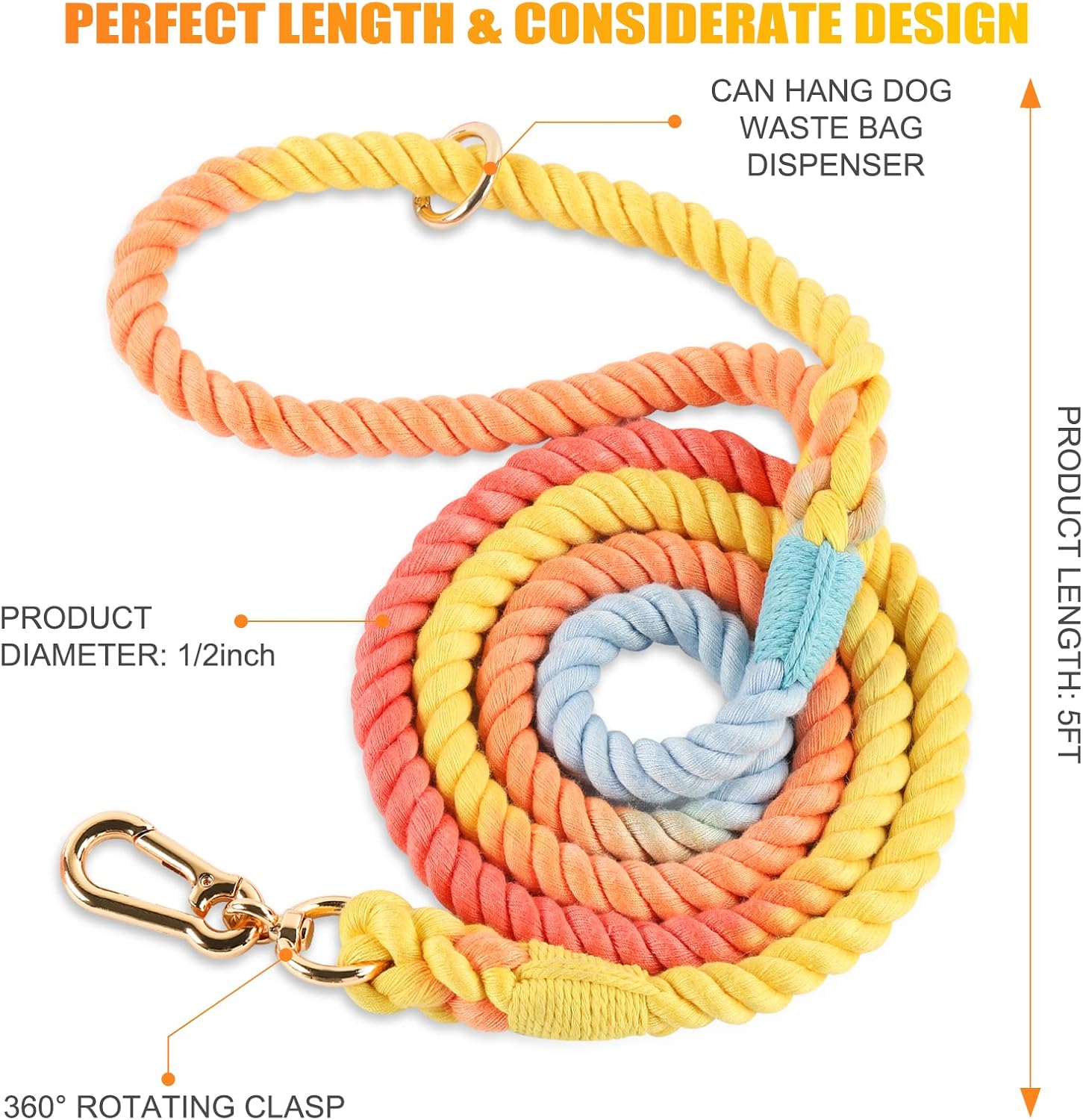 NUGUTIC Handmade Braided Cotton Rope Leash with Heavy Duty Metal Clasp, Cute Wedding Dog Leash (Colorful Rainbow, 5 FT) - Image 4