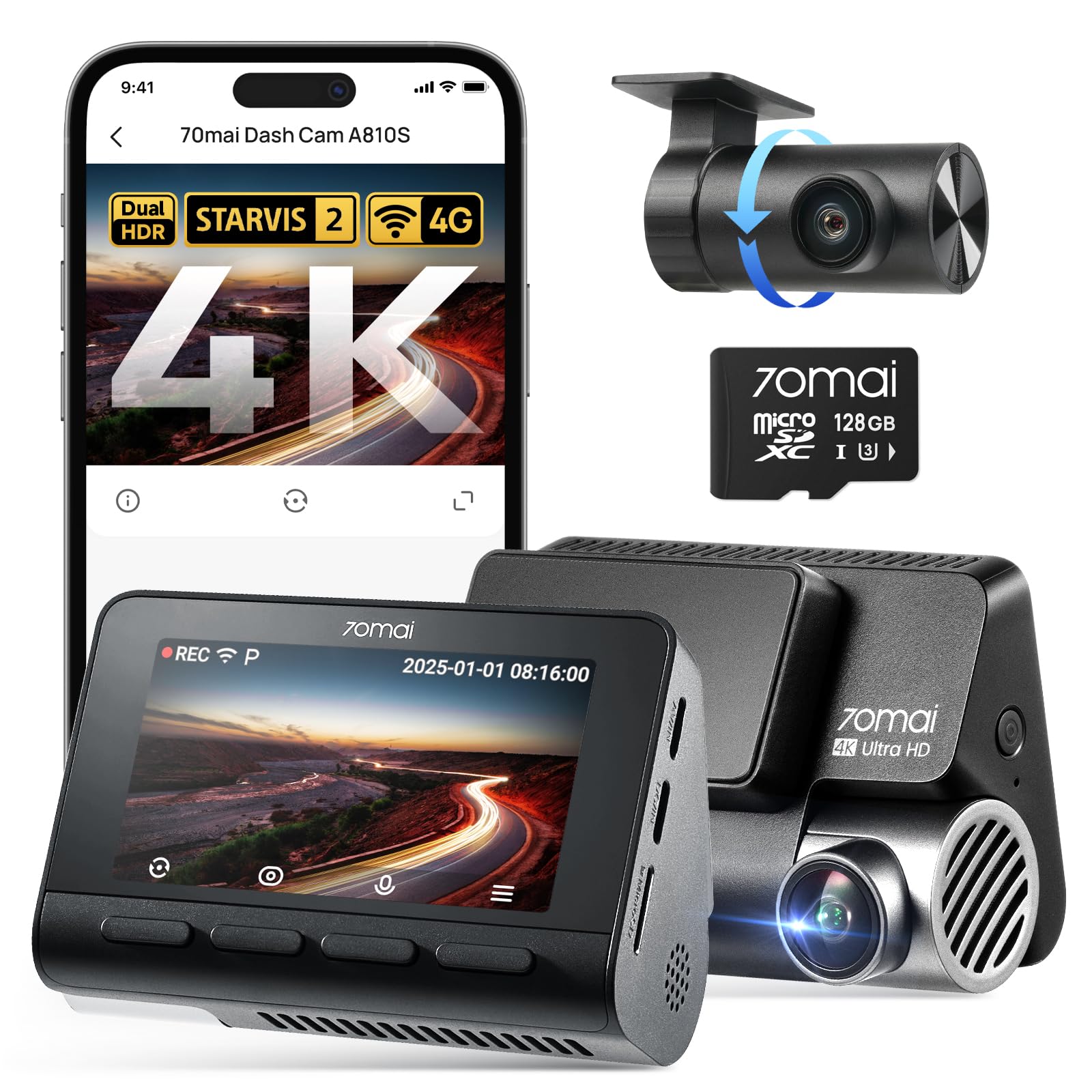 70mai 4K Dash Cam Front and Rear A810S, 4K+1080P Dual STARVIS 2, HDR Car Dash Cam with Night Vision, WiFi APP Control, 146°Wide Angle, 4G LTE, ADAS, Parking Mode with Voice Control and 128GB SD Card