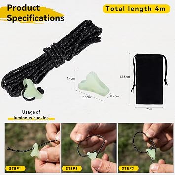 HIKEMAN Ultralight Tent Guy Ropes - 2mm Reflective Guyline,UHMWPE Camping Guide Rope with Luminescent Tensioner for Outdoor Camping Hiking Awning Tents(Orange, 4M)