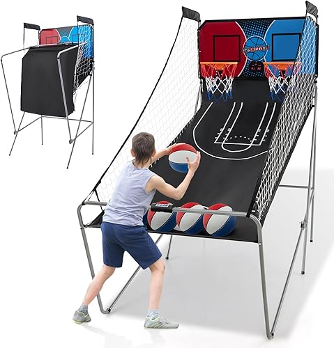 Miniatura 9 de Giantex Juego de arcade de baloncesto electrónico de doble disparo con 8 modos de juego, 4 bolas, 2 aros, bomba de aire, marcador LCD para adultos y