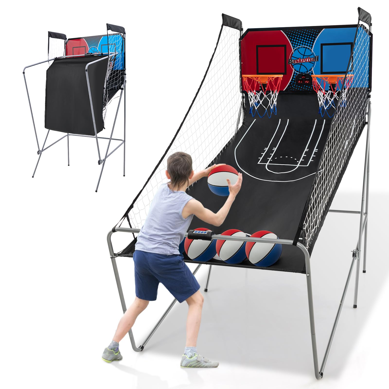 GOPLUS Canasta de Baloncesto Plegable, Máquina de Tiro Portátil, Baloncesto Arcade con 8 Modos de Juego, 4 Pelotas, 2 Cestas, Bomba, Marcador Electrónico, para Niños y Adultos (Rojo+Azul)
