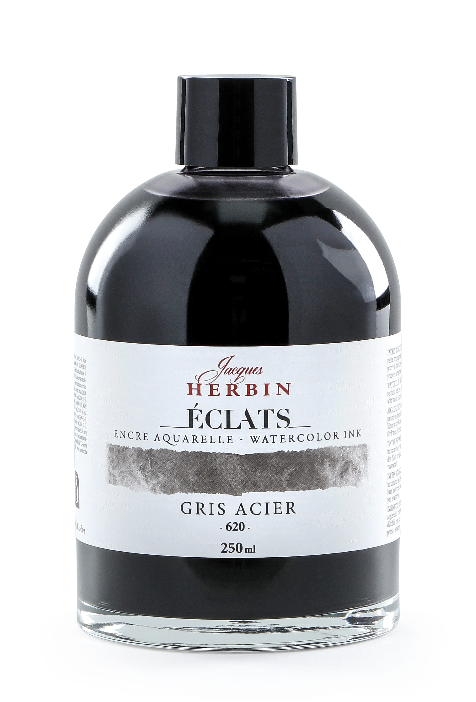 Jacques Herbin 18620TAMZ, Fine Art WaterColour Ink, Gris Acier/ Steel Grey, 250ml, Painting, Drawing, Calligraphy