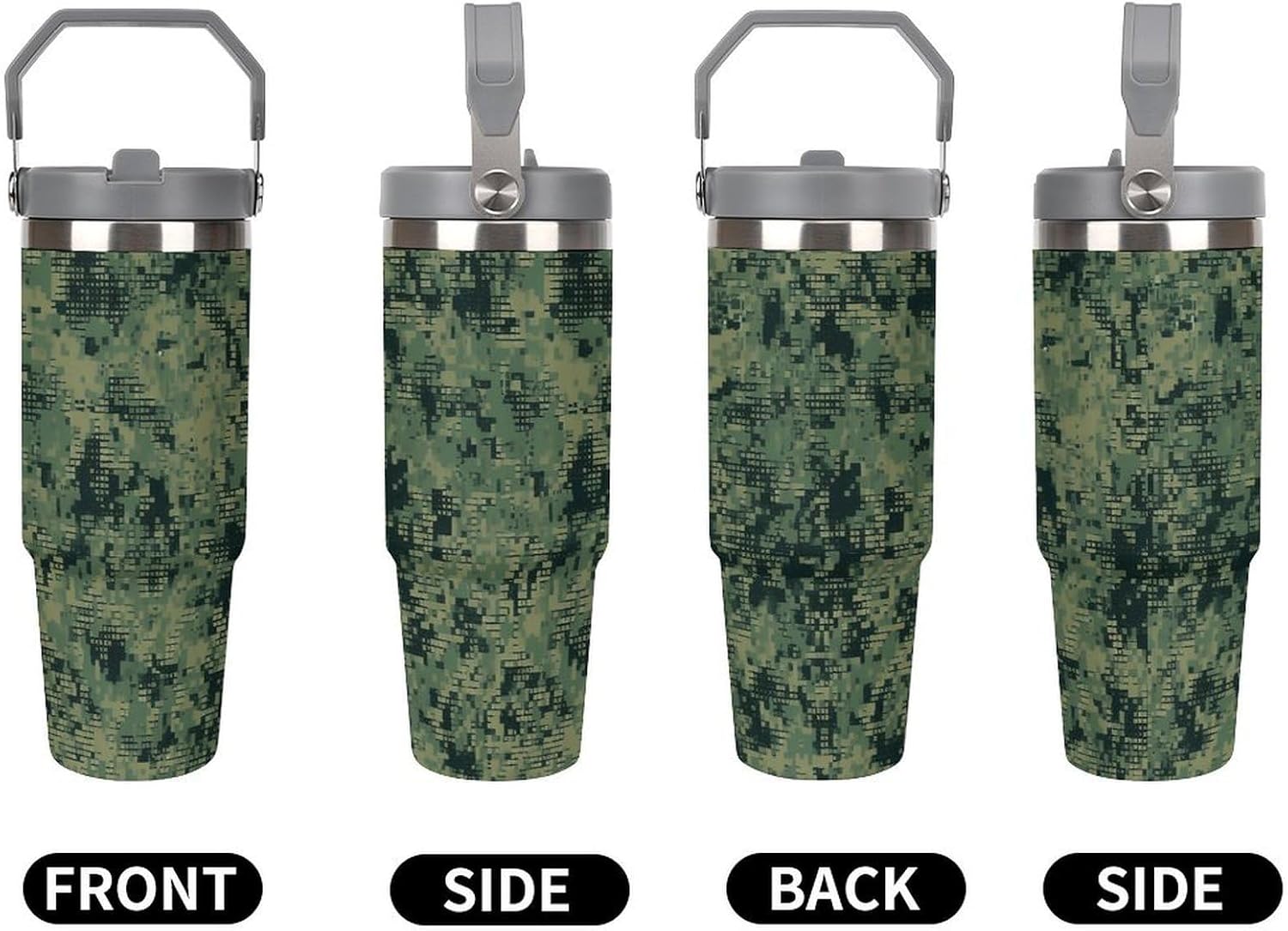 30oz Insulated Tumblers with Top Handle, Stainless Steel Green Army Digital Camouflage Car Cup with Straw for Gift, Leak-Proof Double Wall Vacuum Travel Mug, Personalized Water Bottles White