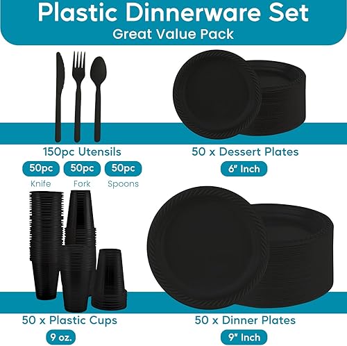 Miniatura 2 de Juego de vajilla negra desechable de 300 piezas para 50 invitados, juego de vajilla de plástico para microondas de 50 platos de 9 pulgadas, 50