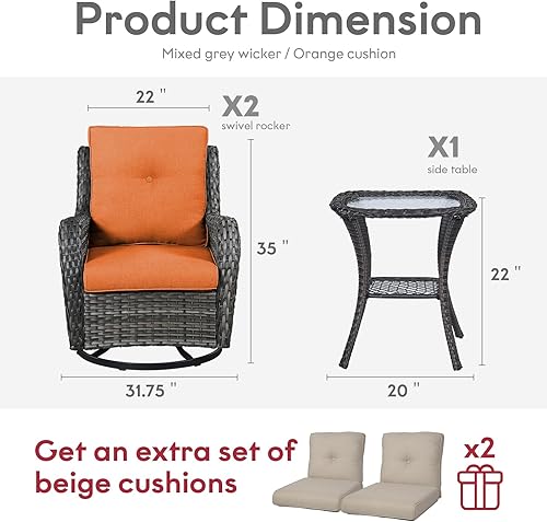 Miniatura 2 de Belord - Juego de 3 sillas de mimbre mecedoras giratorias para exteriores, sillas con respaldo alto para patio, 2 sillas mecedoras giratorias de