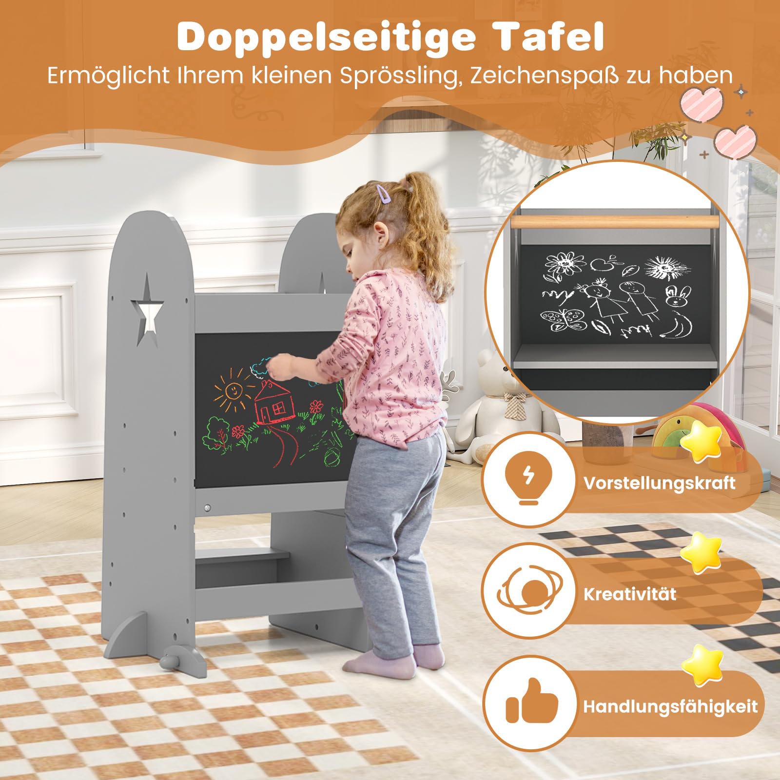 COSTWAY 3 in 1 Lernturm Kinder, Tritthocker mit 3 verstellbaren Höhen & doppelseitiger Tafel, Trittschemel Montessori, Küchenhelfer Lernstuhl für Kinder, 90 kg Belastbar, Grau