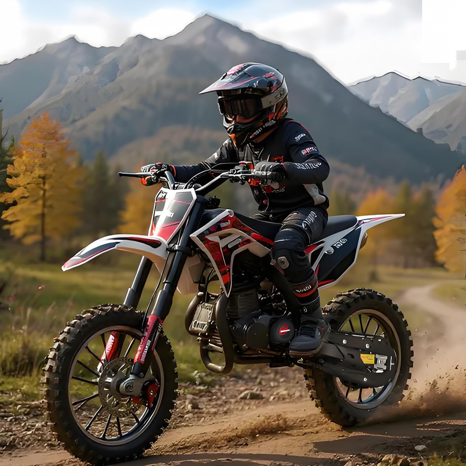 49cc Kids Dirt Bike, 2-Stroke Dirtbike, 40KM/H Gas Power Motocross, Off Road Mini Motorcycle with Front Rear Disc Brakes, Mini Dirt Bike for Kids 5-15 Years Old 5-star quality