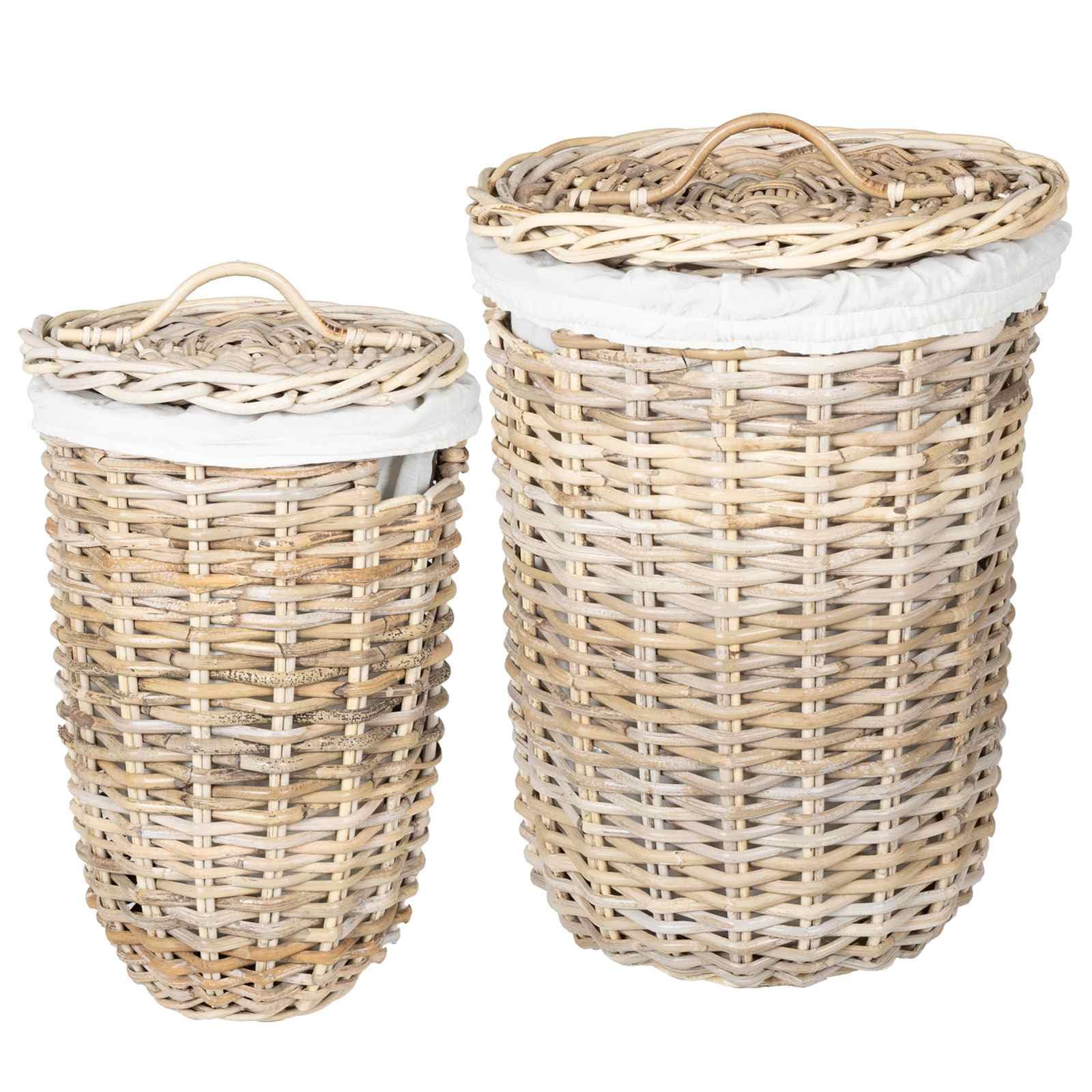 Wäschekorb Mit Deckel 2 Stück Kubu Rattan Grau | Zylindrisch, 42x60 cm und 30x45 cm, Innenfutter aus Belacu-Stoff, für Schlafzimmer und Wohnzimmer