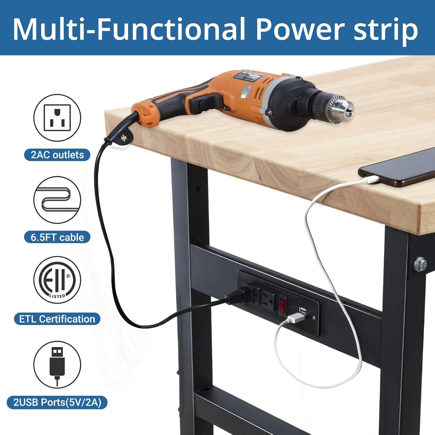 48" Adjustable Workbench for Garage, Heavy-Duty Bamboo Wood Top Work Bench with Power Outlets, Hardwood Work Table Workstation for Workshop, Office, Home