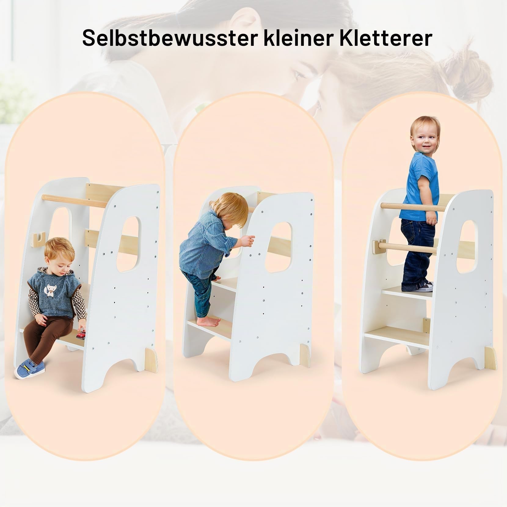 Ezebaby Lernturm ab 1 Jahr, Learning Tower, Höhenverstellbar Montessori Lernturm mit Kippschutz, Abnehmbare Sicherheitsgeländer, Massiv und Stylisch (Weiß)