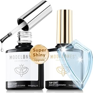 Modelones 15ML Gel Base and Top Coat for Gel Nail Polish, Top Coat Gel Polish Set, Soak Off U V Gel High Gloss Shiny Clear No Wipe Base Top Coat Long Lasting for 28 Days