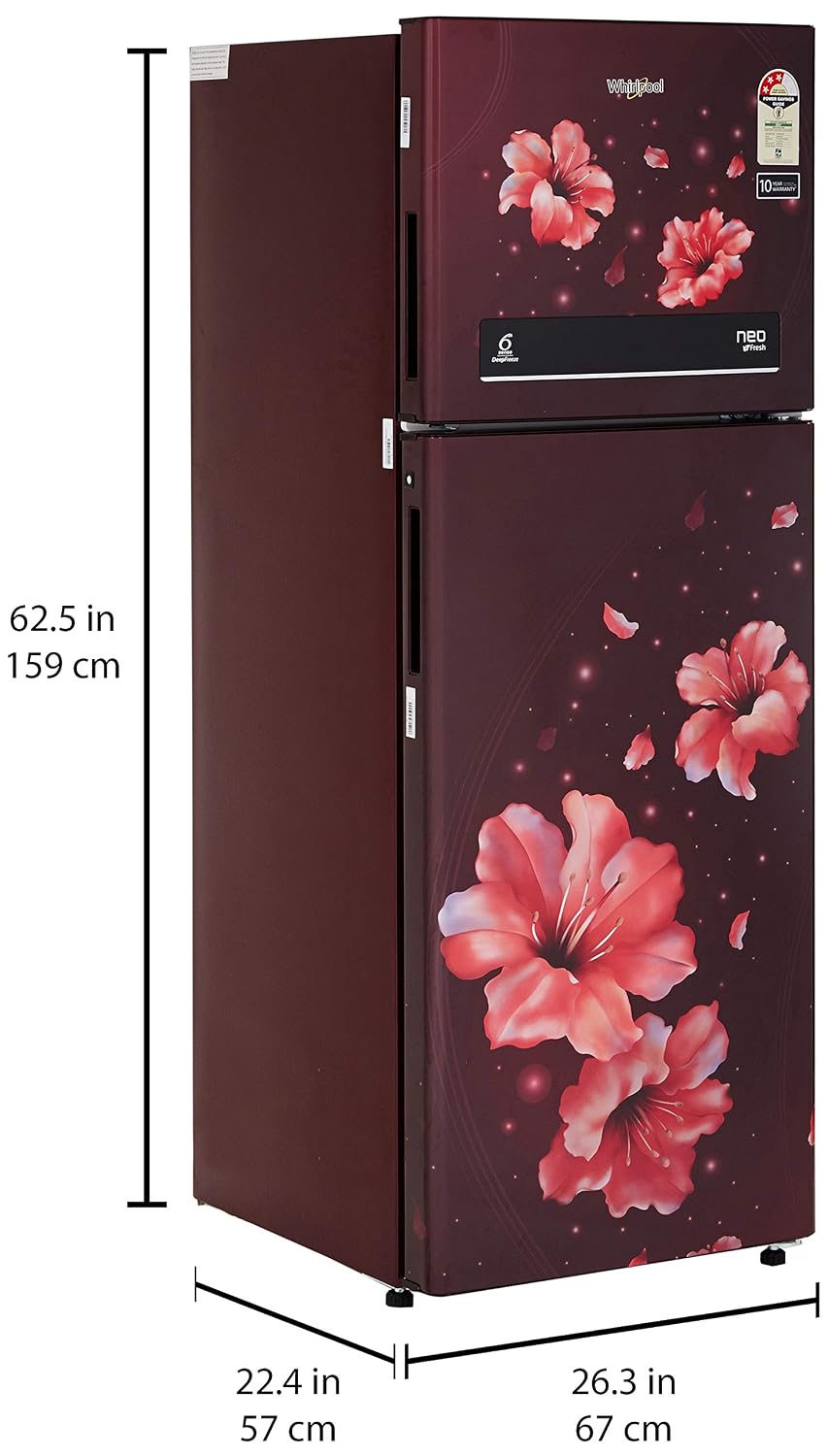Dimensions of the Whirlpool NEO DF278 PRM (3S) Refrigerator: 159 cm height, 57 cm depth, 67 cm width