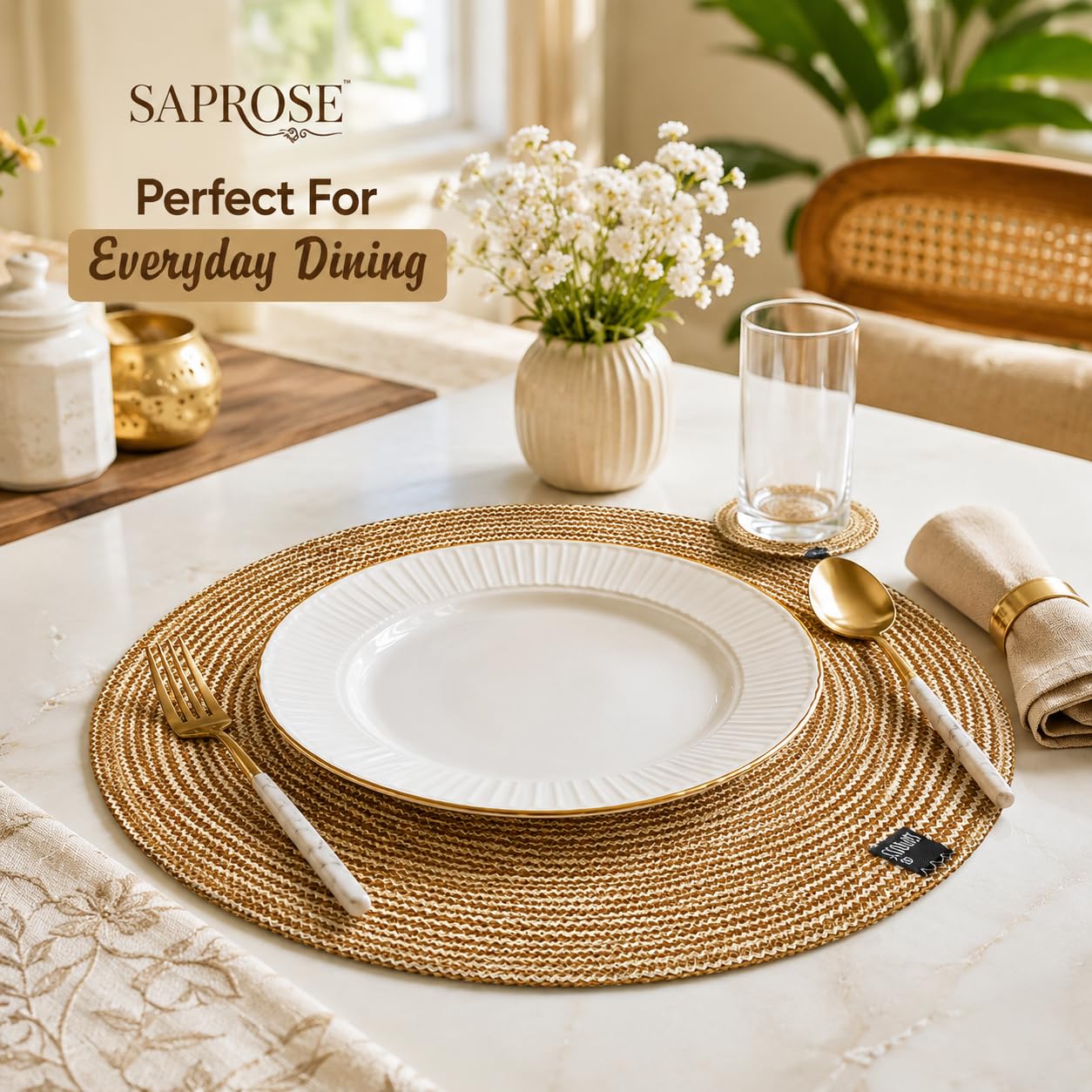 SAPROSE® Polypropylene Multipurpose Braided Round Table Mat (1 PC Pack, 40 cm), Dinning Place mats, Side Table Mat, Doilies, Machine Washable Large Mat for Dining Table (15.5" Dia., Beige-Jute) 1
