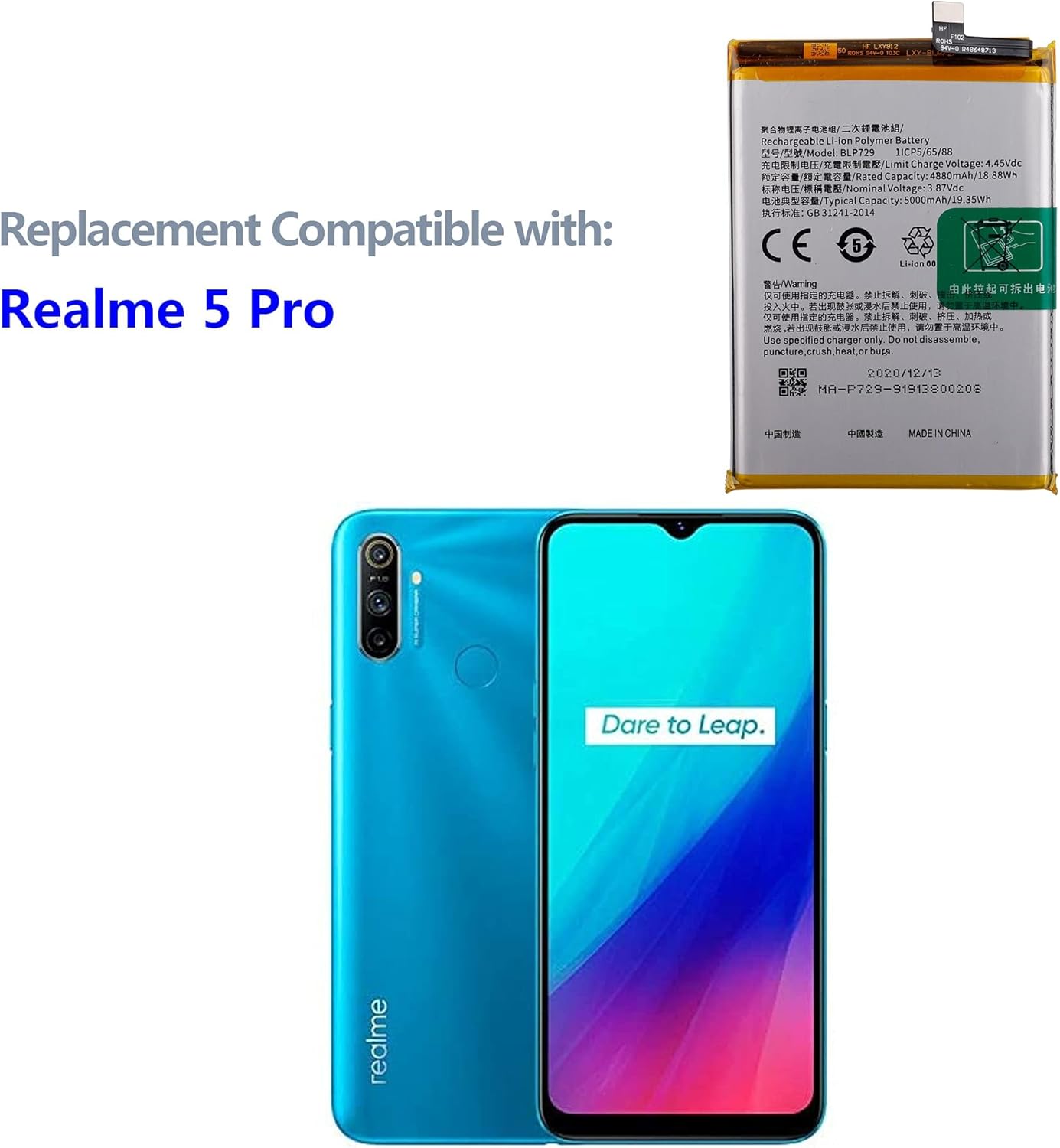 SWARK BLP729 battery next to a Realme smartphone, indicating compatibility
