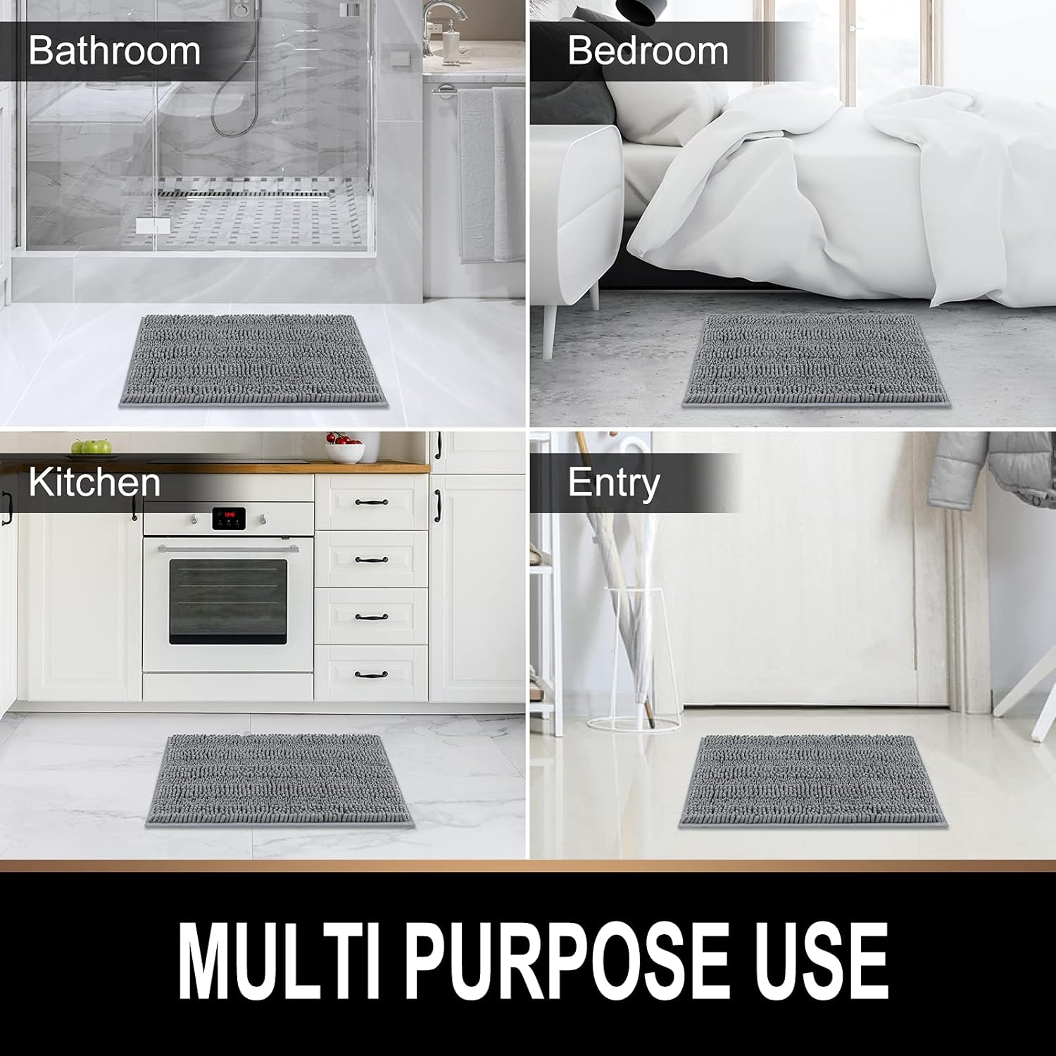 Bath Mat for Bathroom Chenille Soft Shaggy Plush Rug, Non Slip Water Absorbent Machine Washable Striped Indoor Floor Mats Bath Rugs for Entryway Carpet, 16 x 24 Inches, Gray : Home & Kitchen