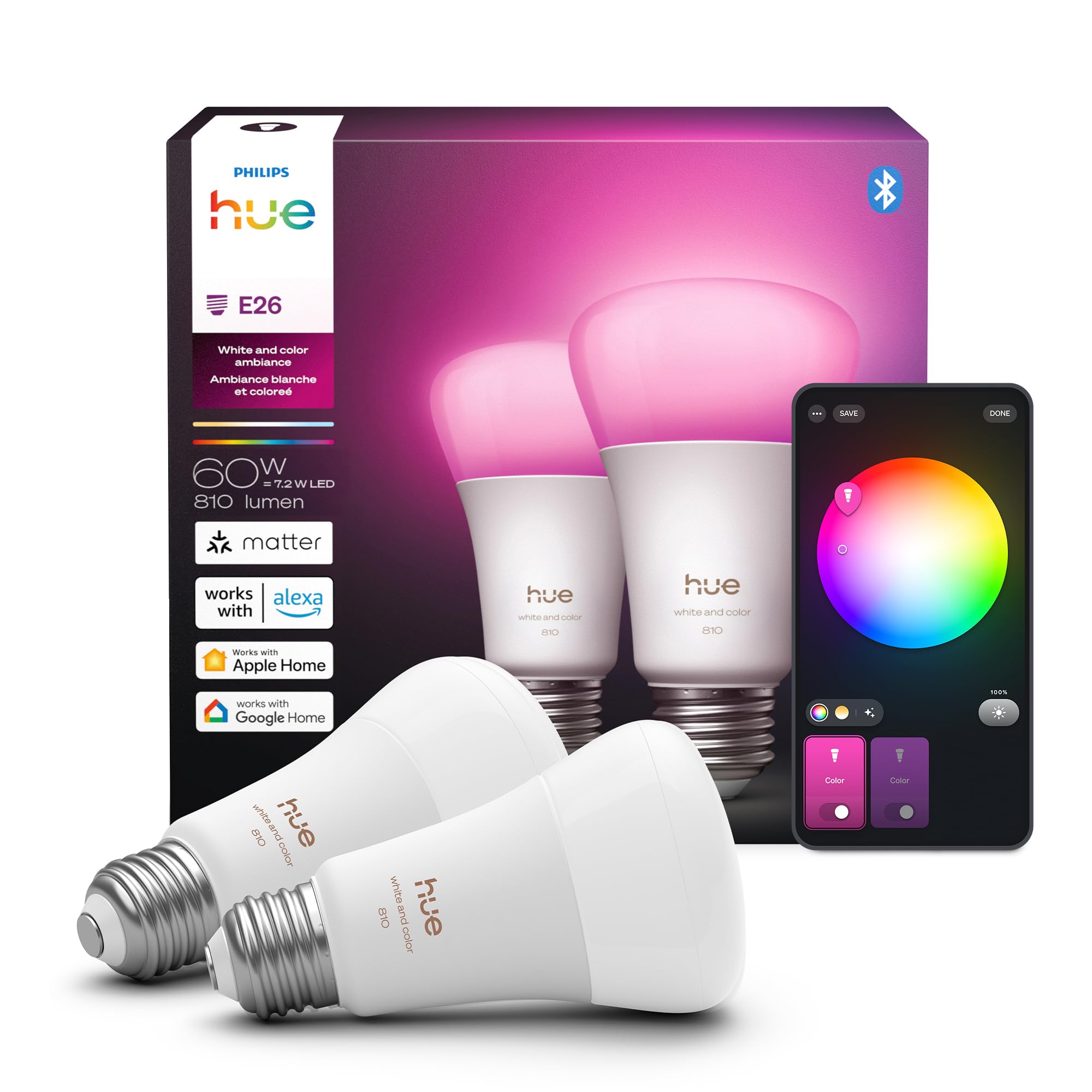 Philips Hue Smart LED A19 Bulb, White and Color Ambiance, E26 Base, 7.2W, Full Spectrum Light 1000K-20000K, 810 Lumens, Dimmable, Works with Alexa, Google Assistant, and Apple Home, 2 Pack