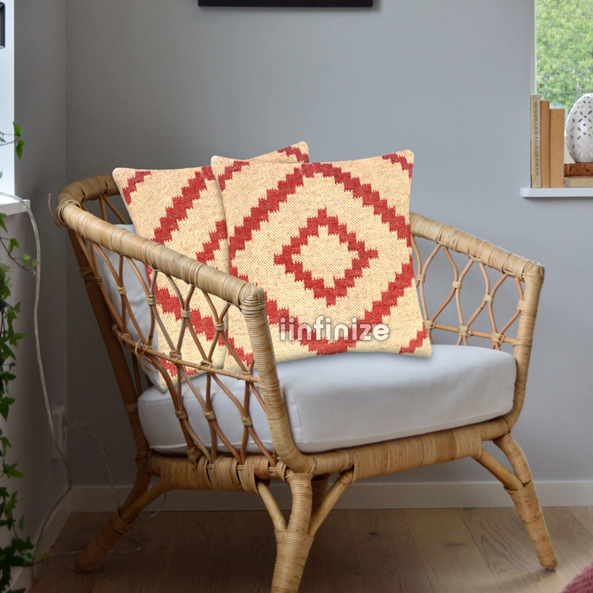Housse de coussin en jute et laine 45x45 cm bohème chic pour lit ou canapé